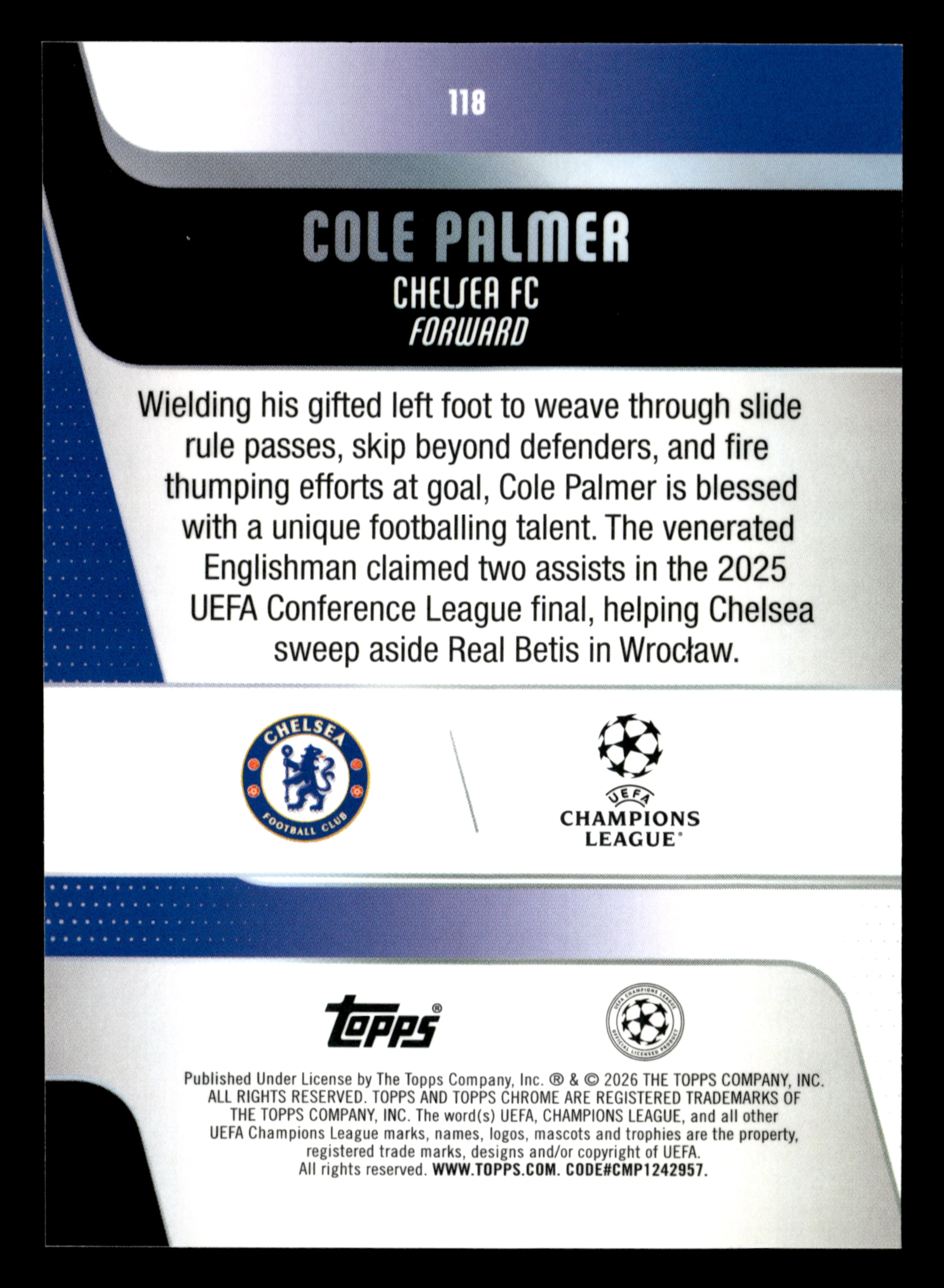 2025-26 Topps Chrome UEFA Club Competitions #118 Cole Palmer Negative Refractor - Image 2