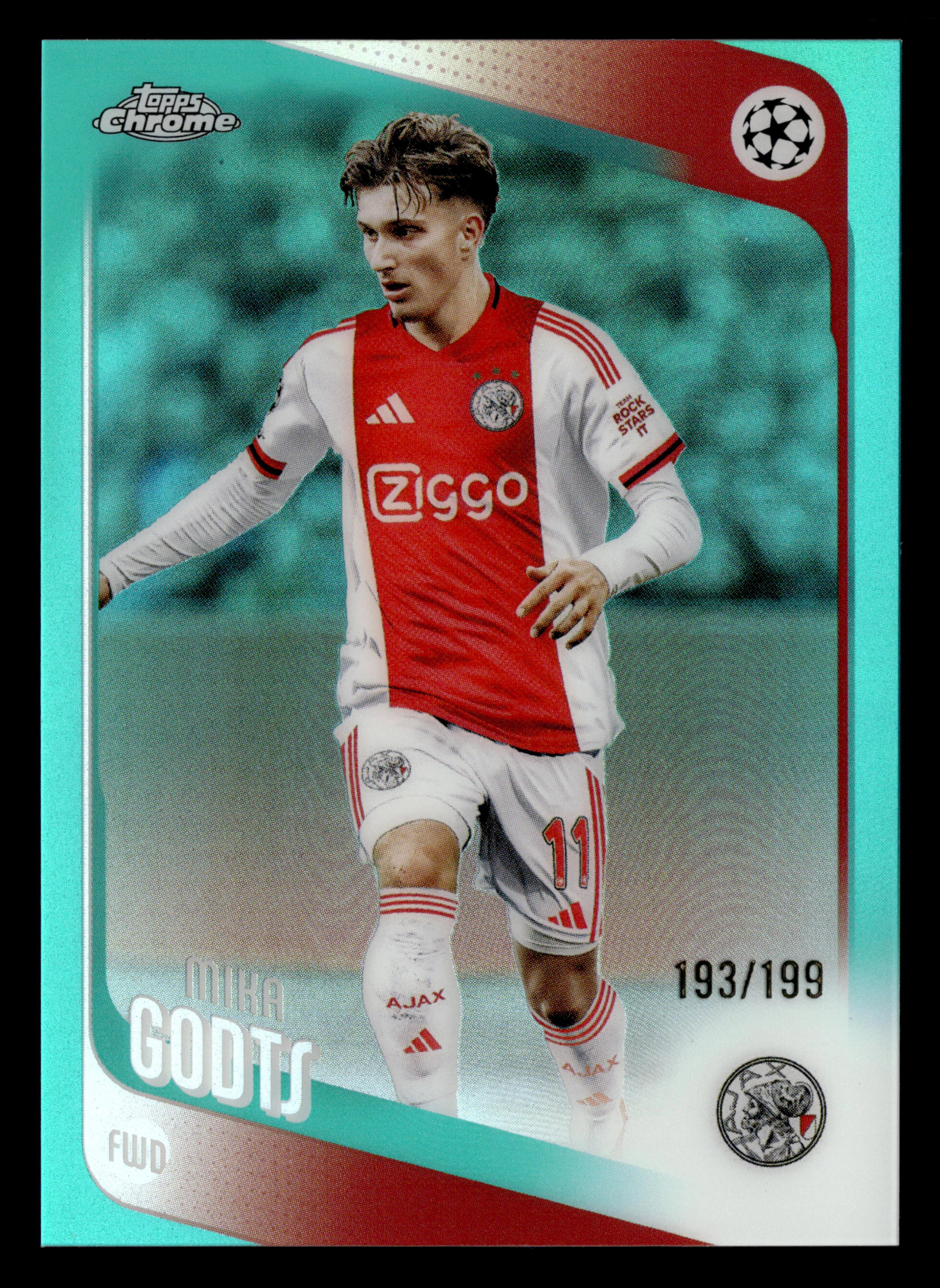 2025-26 Topps Chrome UEFA Club Competitions #151 Mika Godts Aqua Refractor #/199