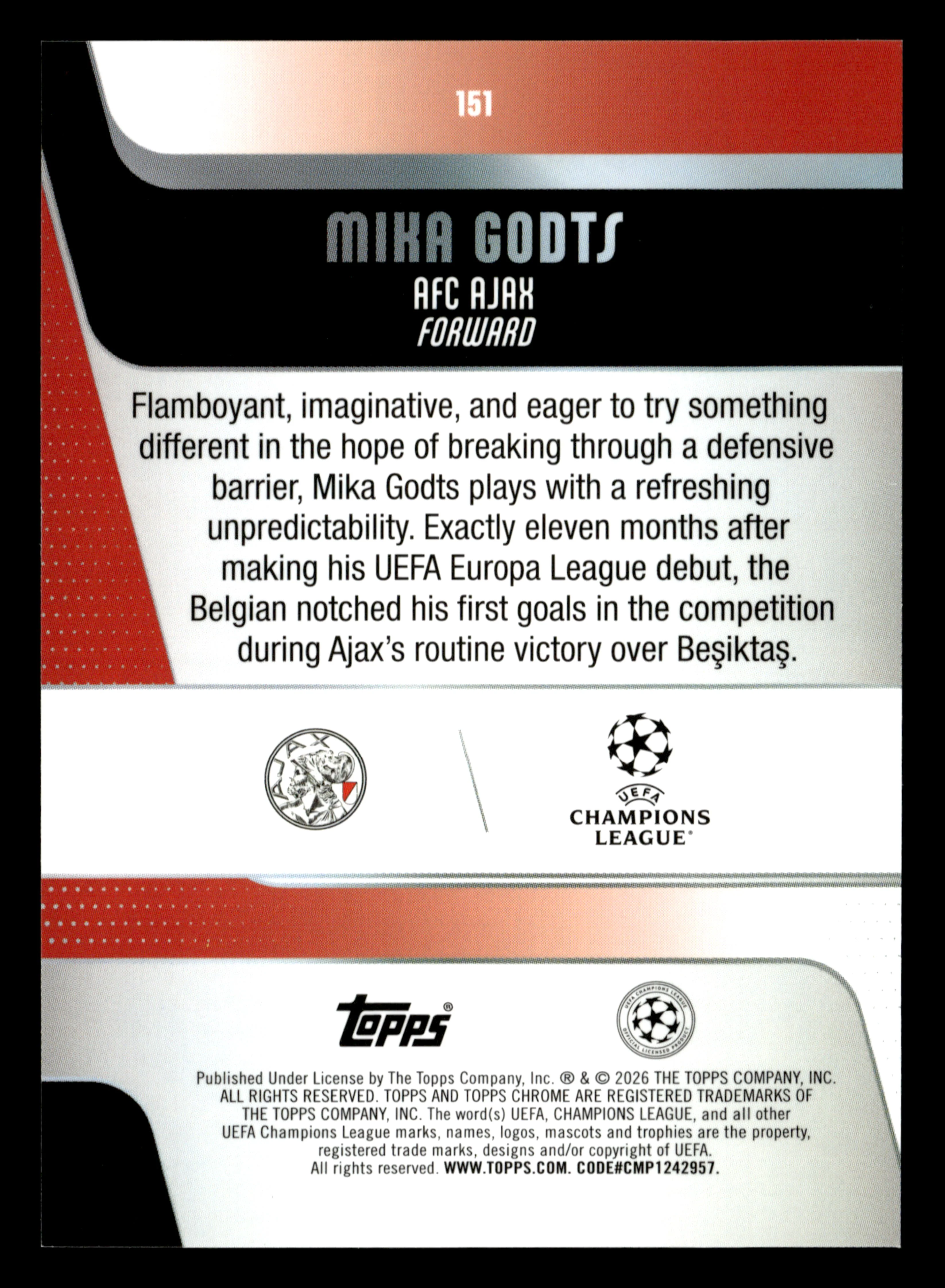 2025-26 Topps Chrome UEFA Club Competitions #151 Mika Godts Aqua Refractor #/199 - Image 2