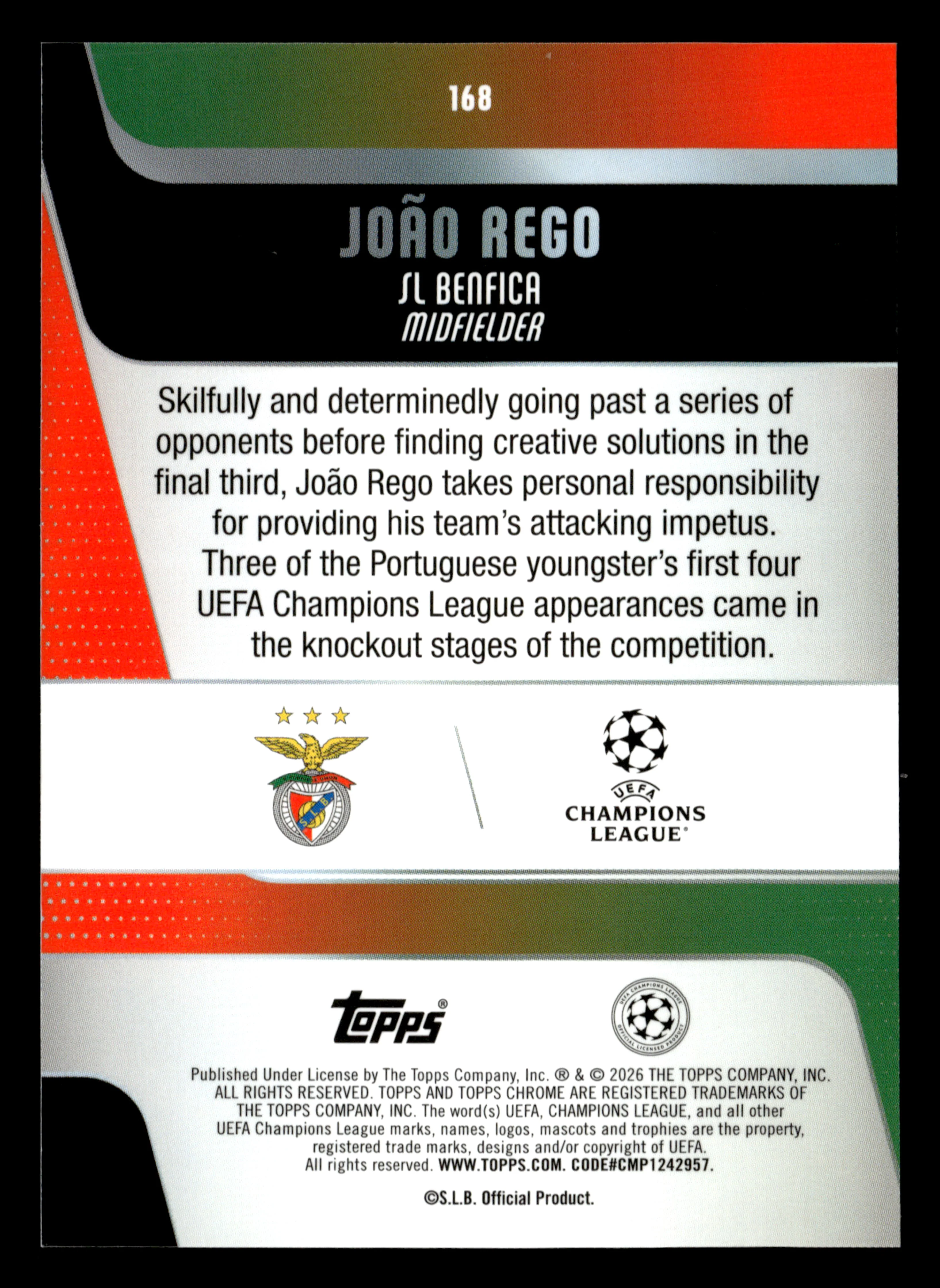 2025-26 Topps Chrome UEFA Club Competitions #168 João Rego Negative Refractor - Image 2