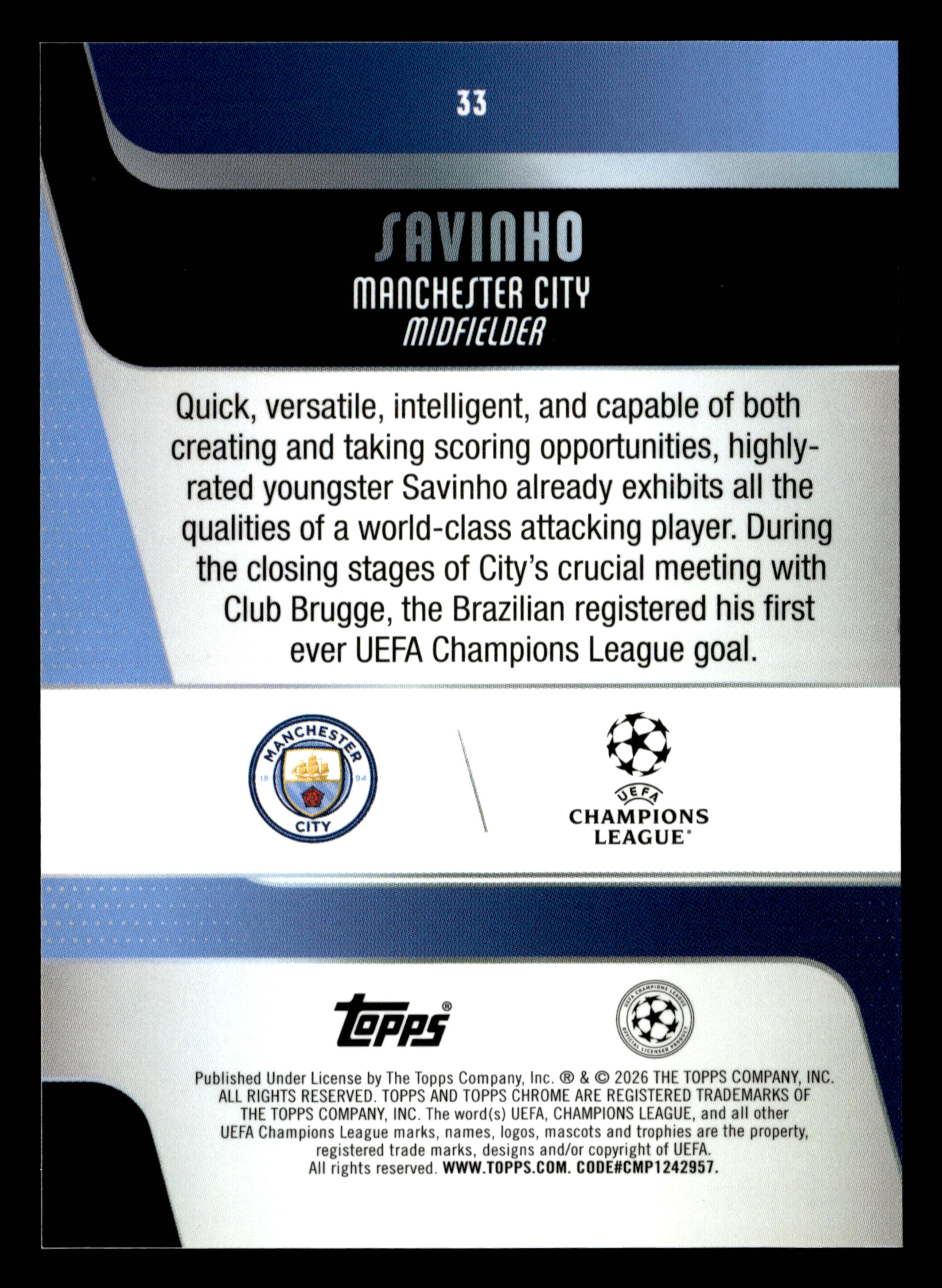 2025-26 Topps Chrome UEFA Club Competitions #33 Savinho Purple X-Fractor #/75 - Image 2
