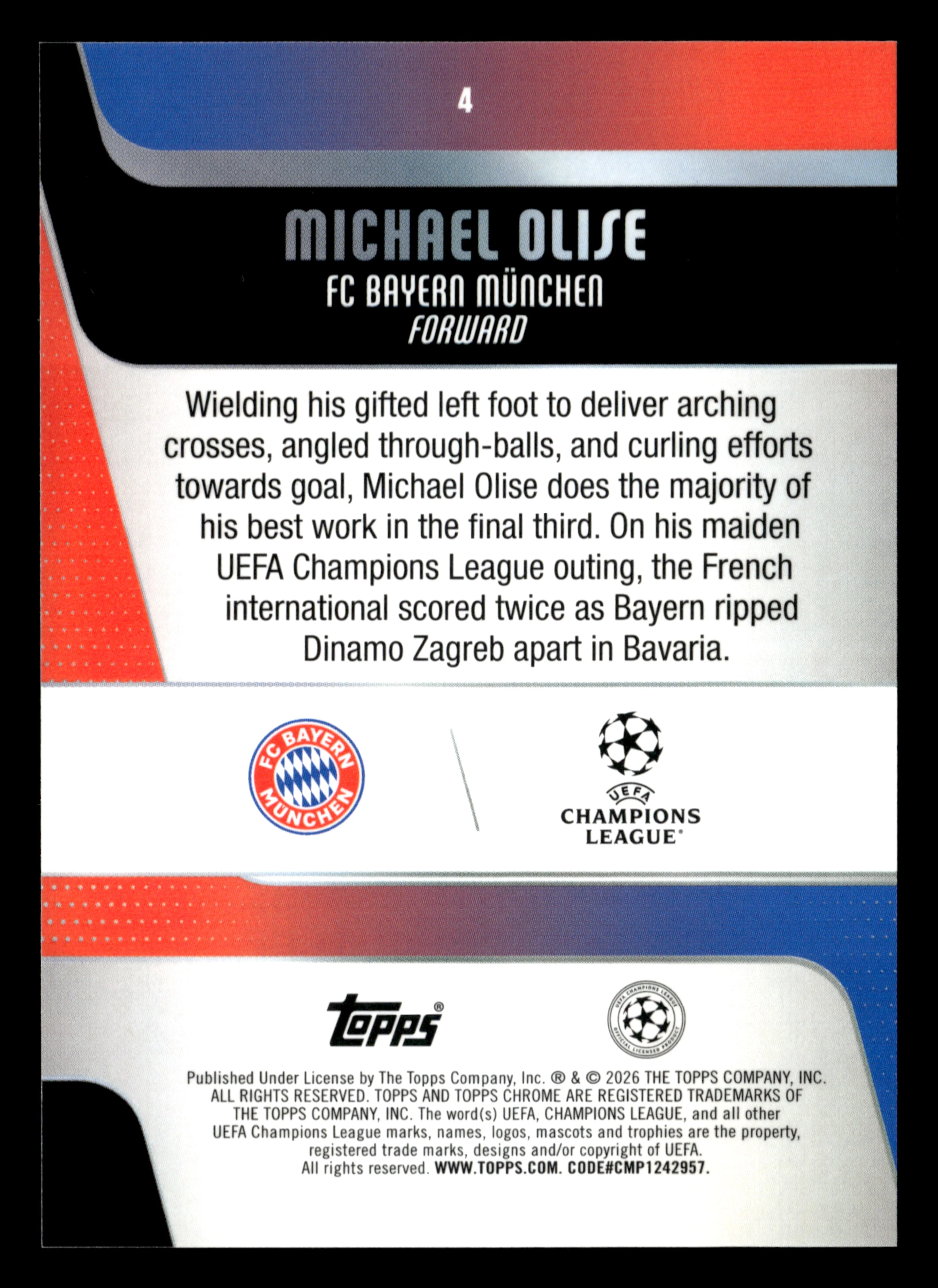 2025-26 Topps Chrome UEFA Club Competitions #4 Michael Olise Negative Refractor - Image 2