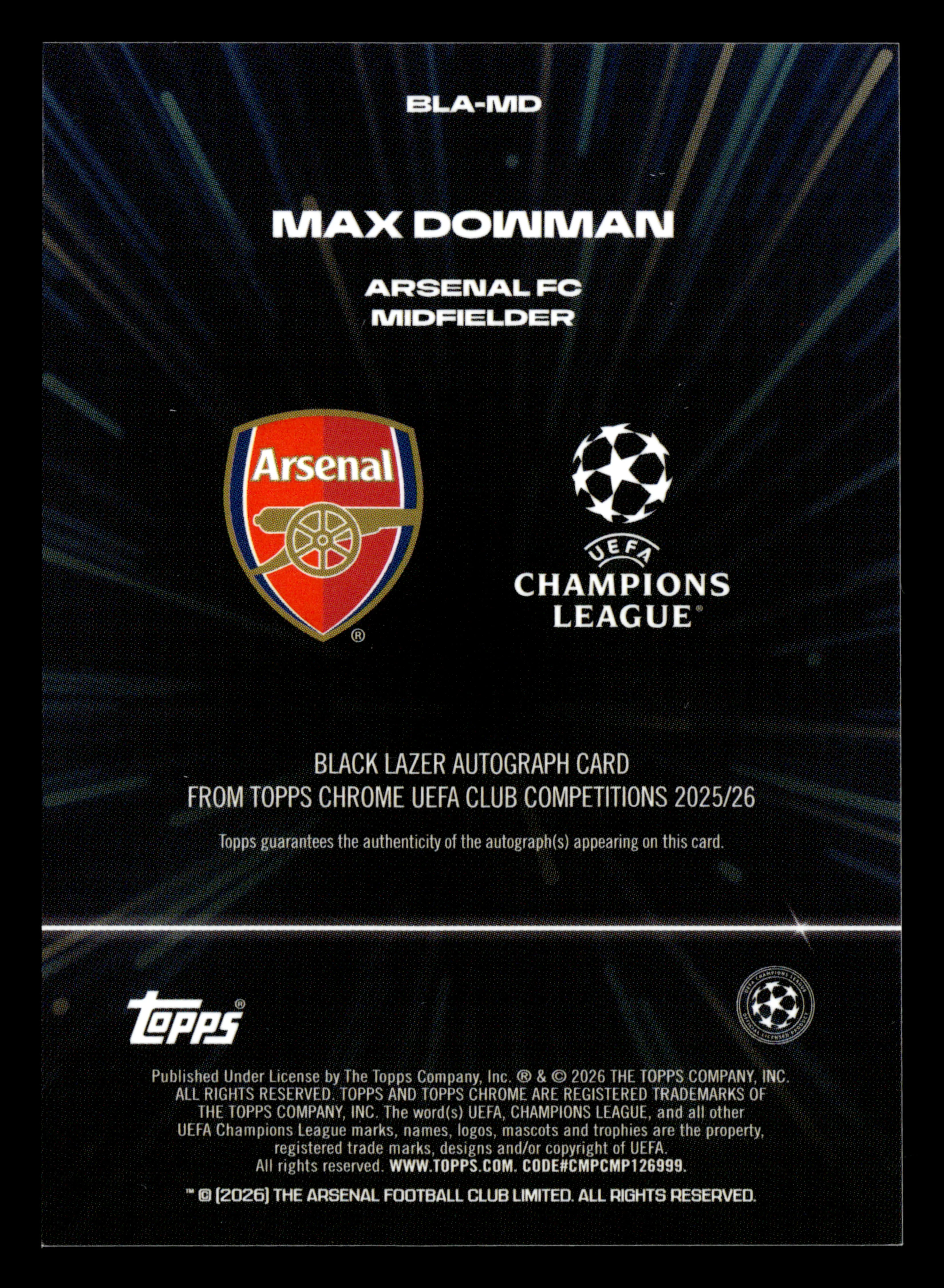 2025-26 Topps Chrome UEFA Club Competitions #BLA-MD Max Dowman Black Lazer Auto - Image 2