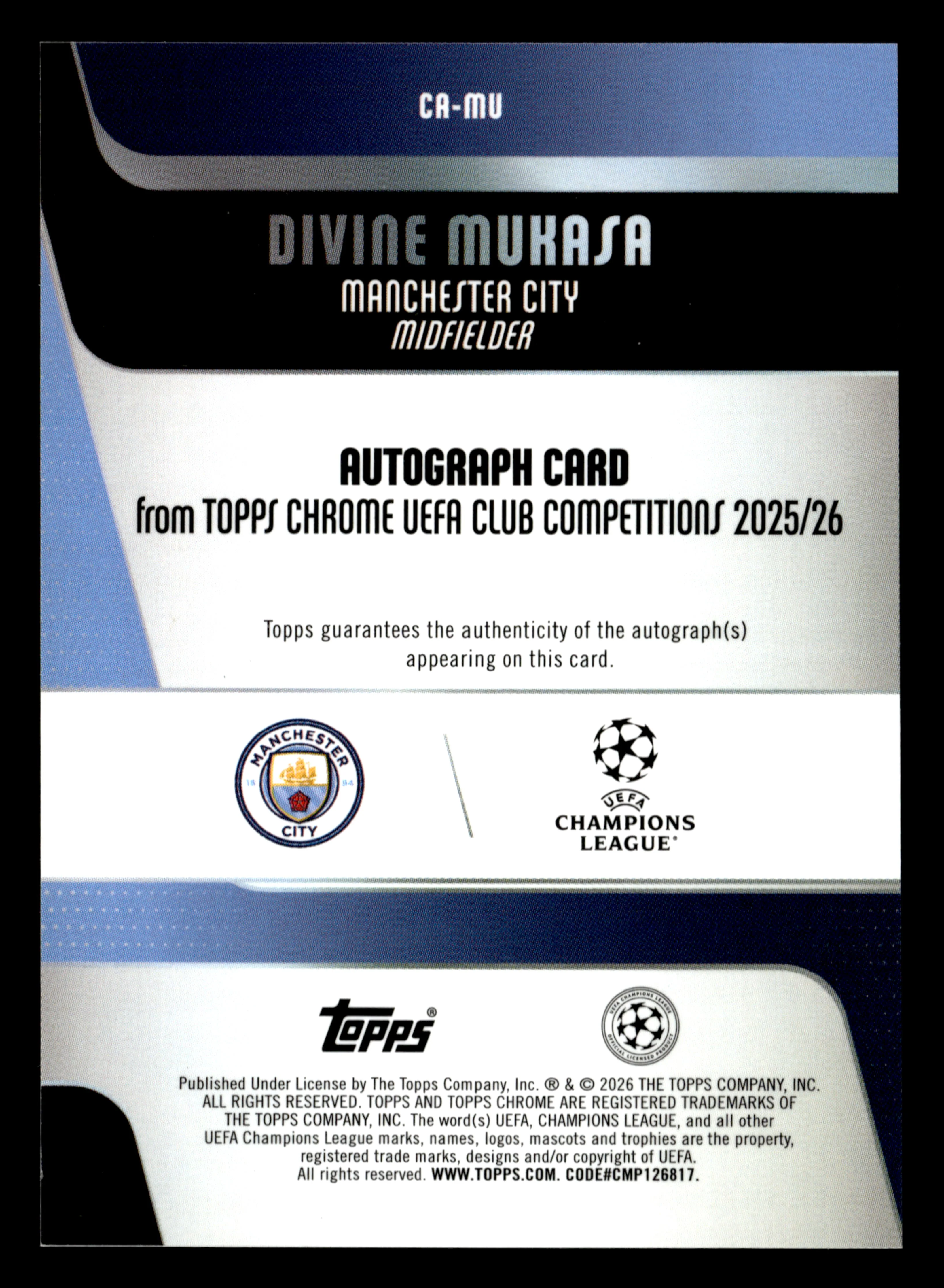 2025-26 Topps Chrome UEFA Club Competitions #CA-MU Divine Mukasa Chrome Auto - Image 2