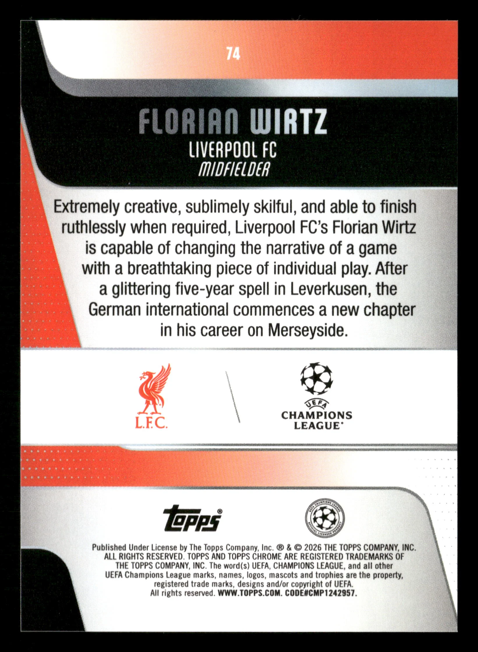2025-26 Topps Chrome UEFA Club Competitions Logofractor #74 Florian Wirtz /75 - Image 2