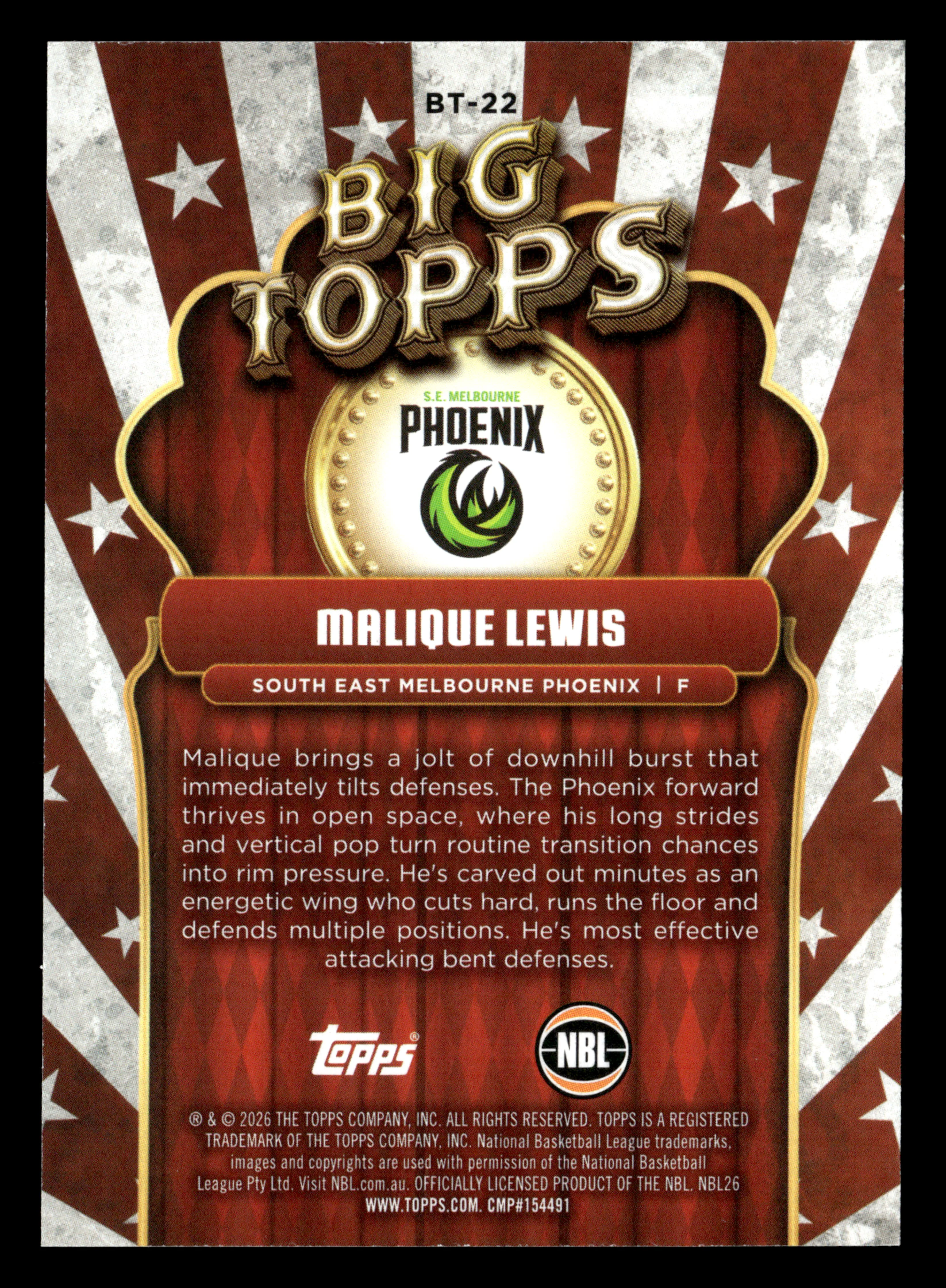 2025-26 Topps NBL - Big Topps Malique Lewis #/25 - Image 2