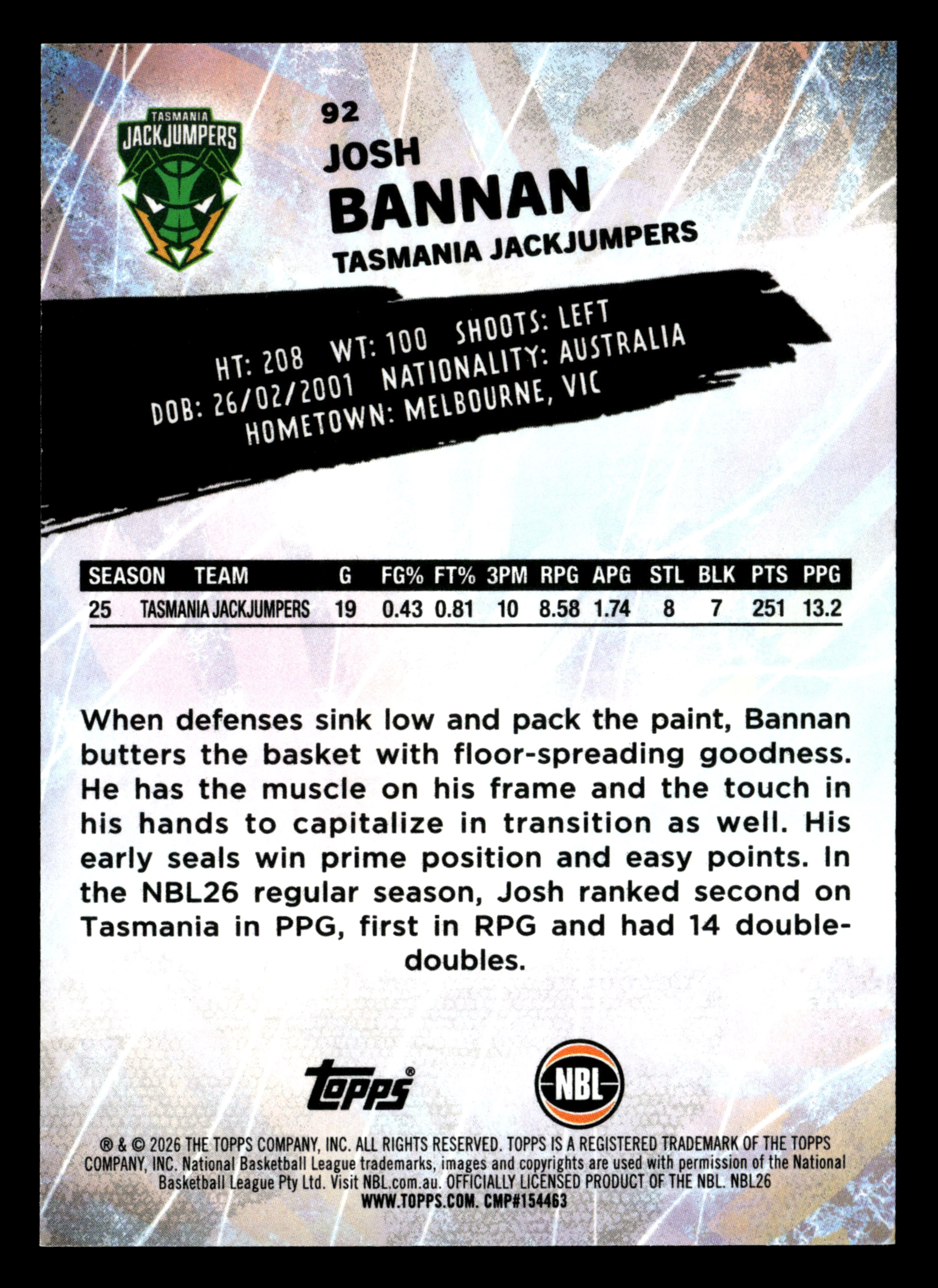 2025-26 Topps NBL - Josh Bannan #/10 - Image 2