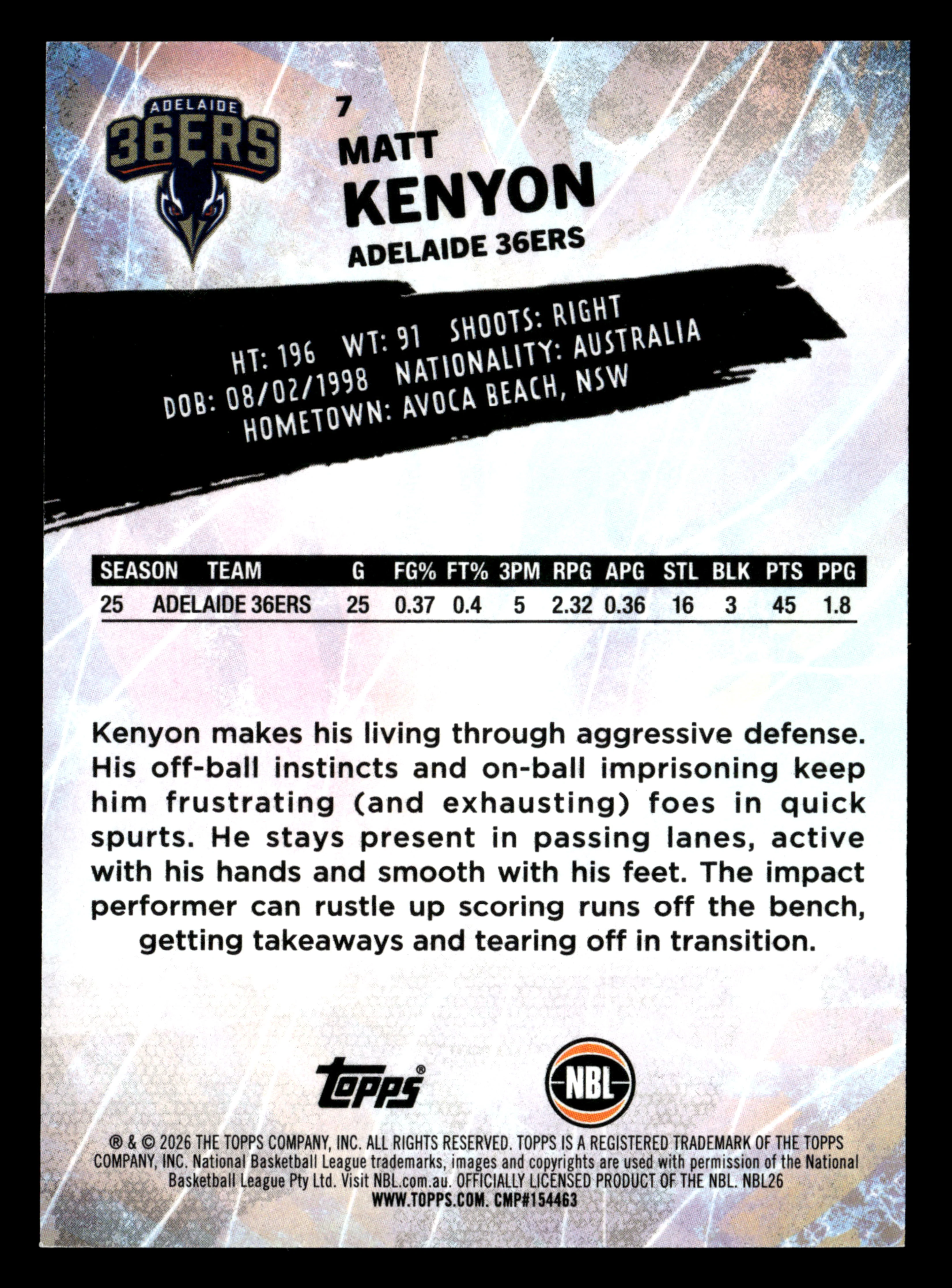 2025-26 Topps NBL - Matt Kenyon #/5 - Image 2