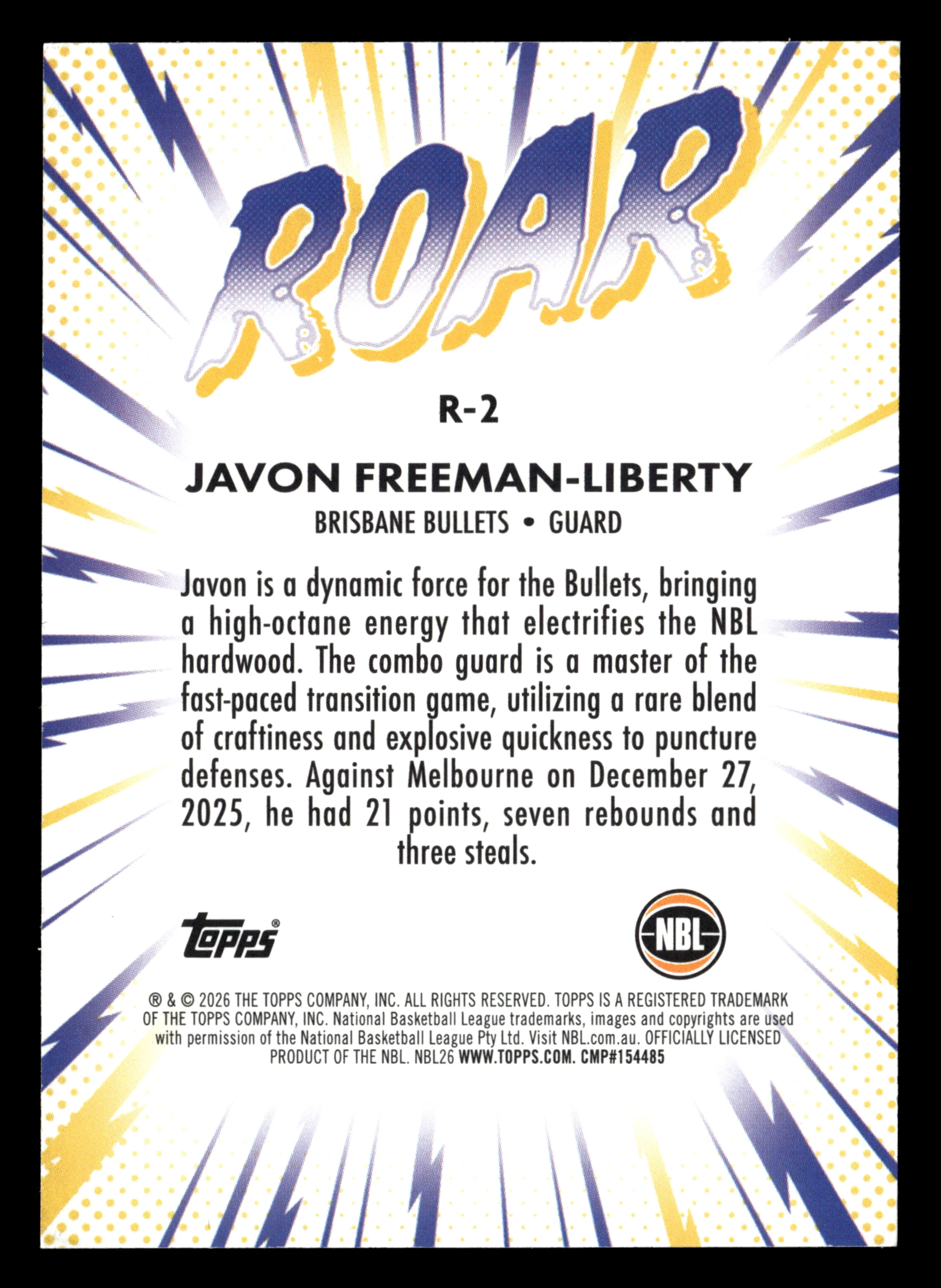2025-26 Topps NBL - The Roar Javon Freeman-Liberty #/50 - Image 2
