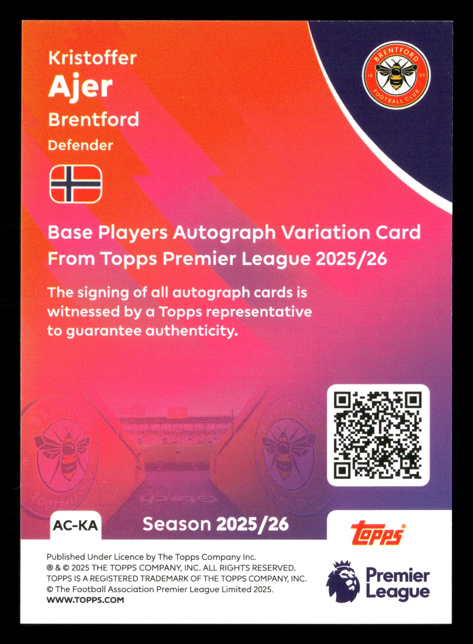 2025-26 Topps Premier League #AC-KA Kristoffer Ajer Autographs - Image 2