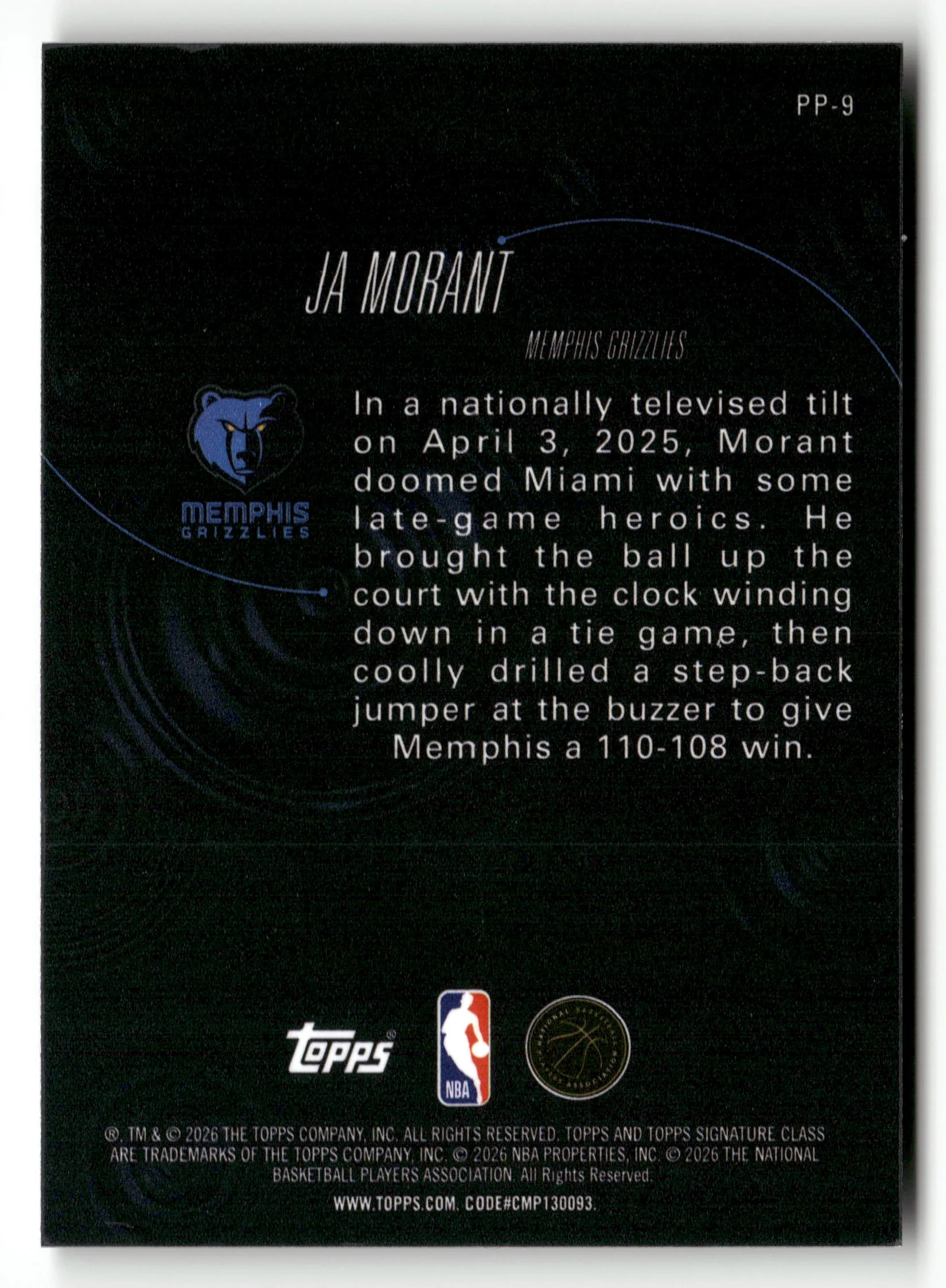 2025-26 Topps Signature Class #PP-9 Ja Morant Pressure Points - Image 2