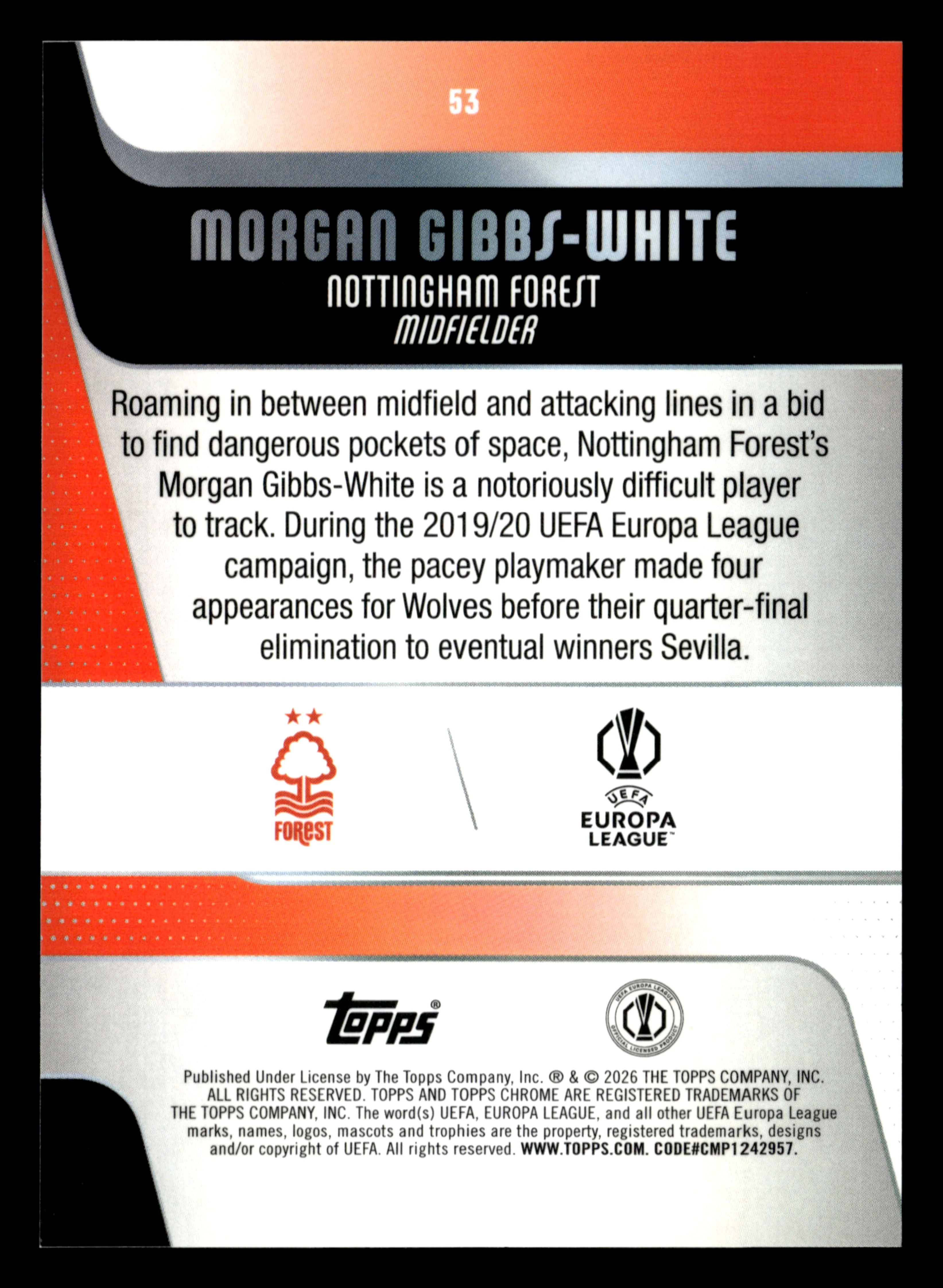 2025-26 Topps UCC #53 Morgan Gibbs-White Blue Refractor /150 - Image 2