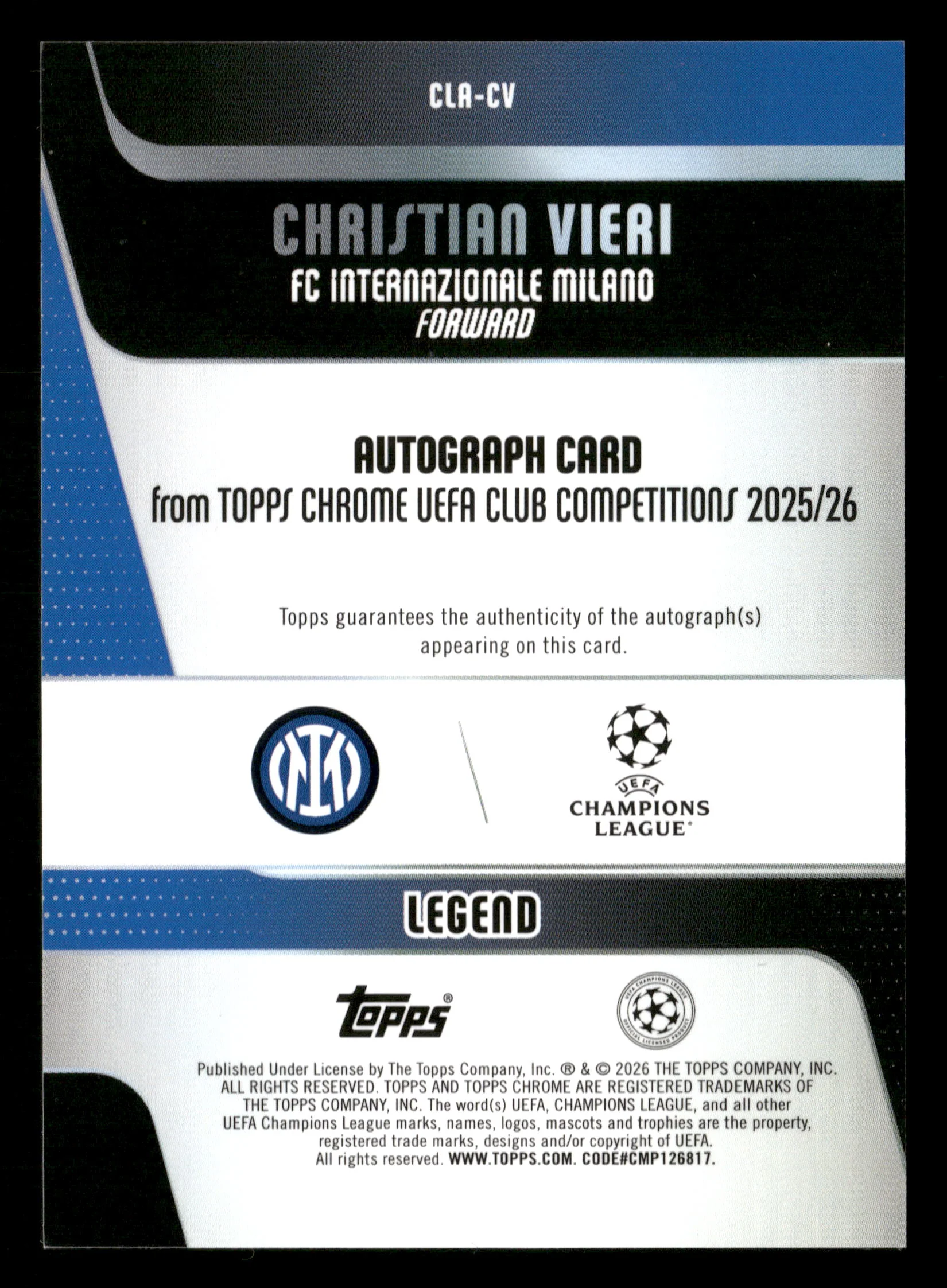2025-26 Topps UCC #CLA-CV Christian Vieri Chrome Autographs Green Refractor #/99 - Image 2