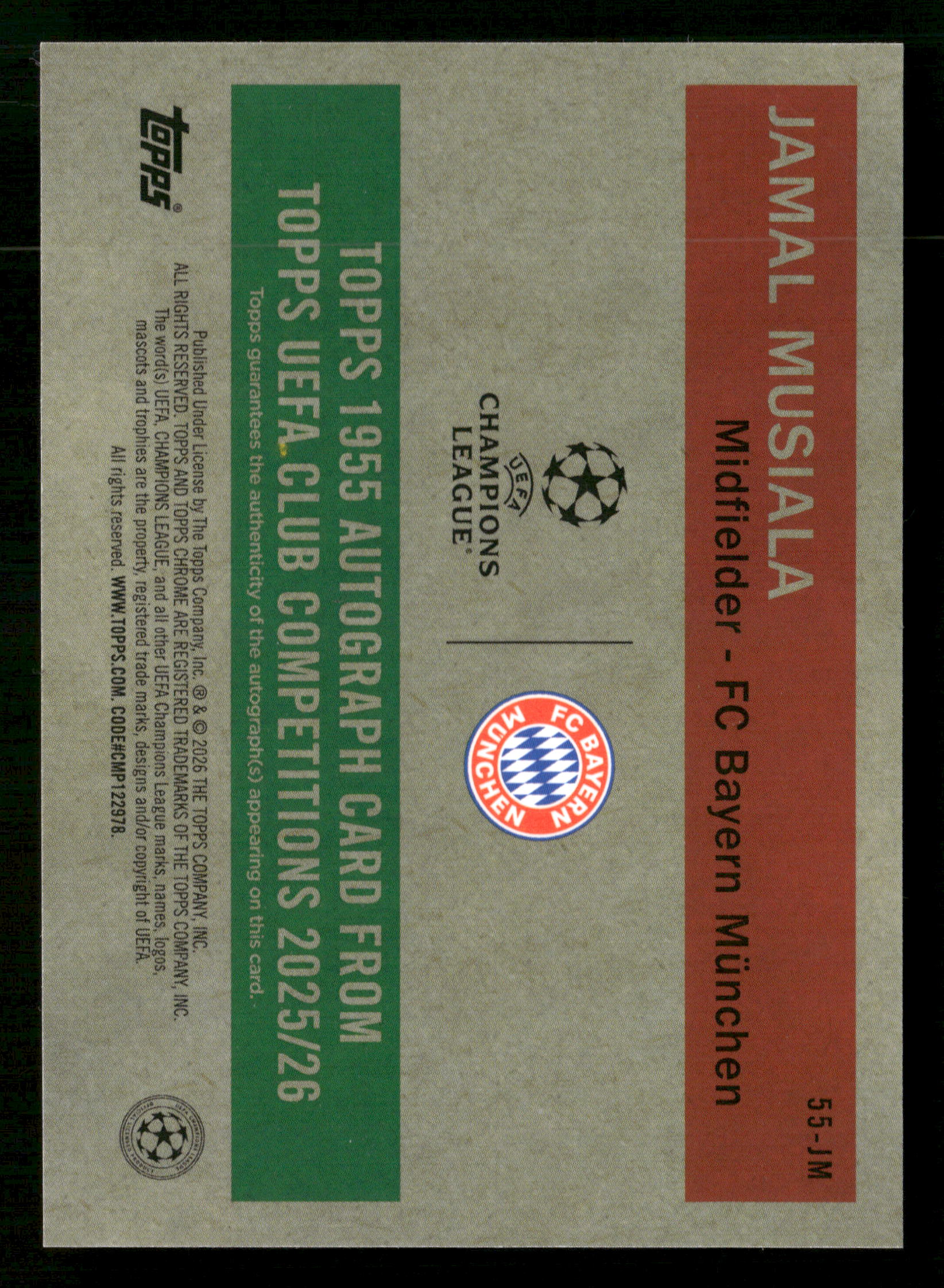 2025/26 Topps UEFA 55-JM Jamal Musiala 1995 Autograph Orange /25 - Image 2