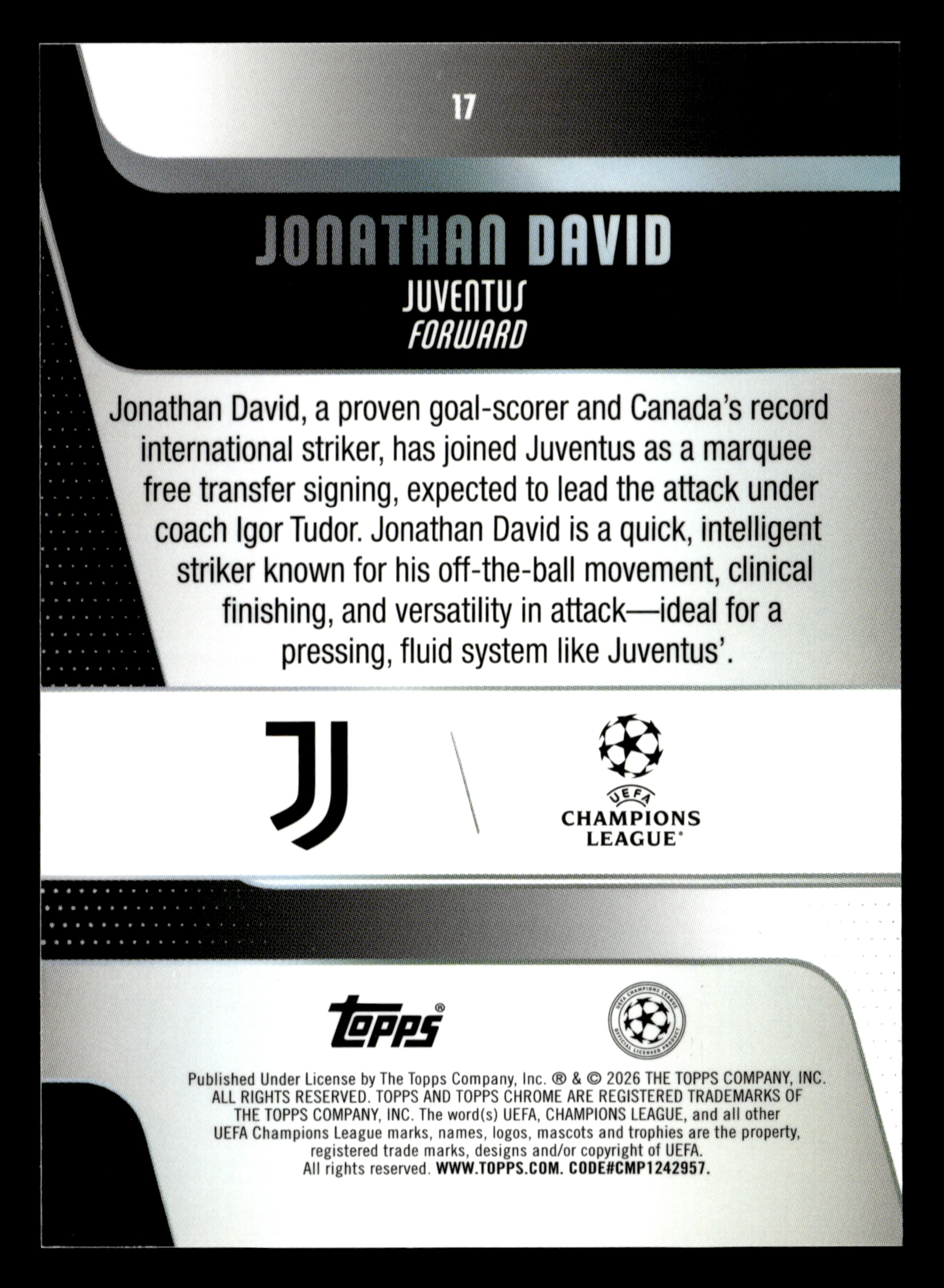 2025-26 Topps UEFA Club Competitions - #17 Jonathan David Frozenfractor -1/0 - Image 2