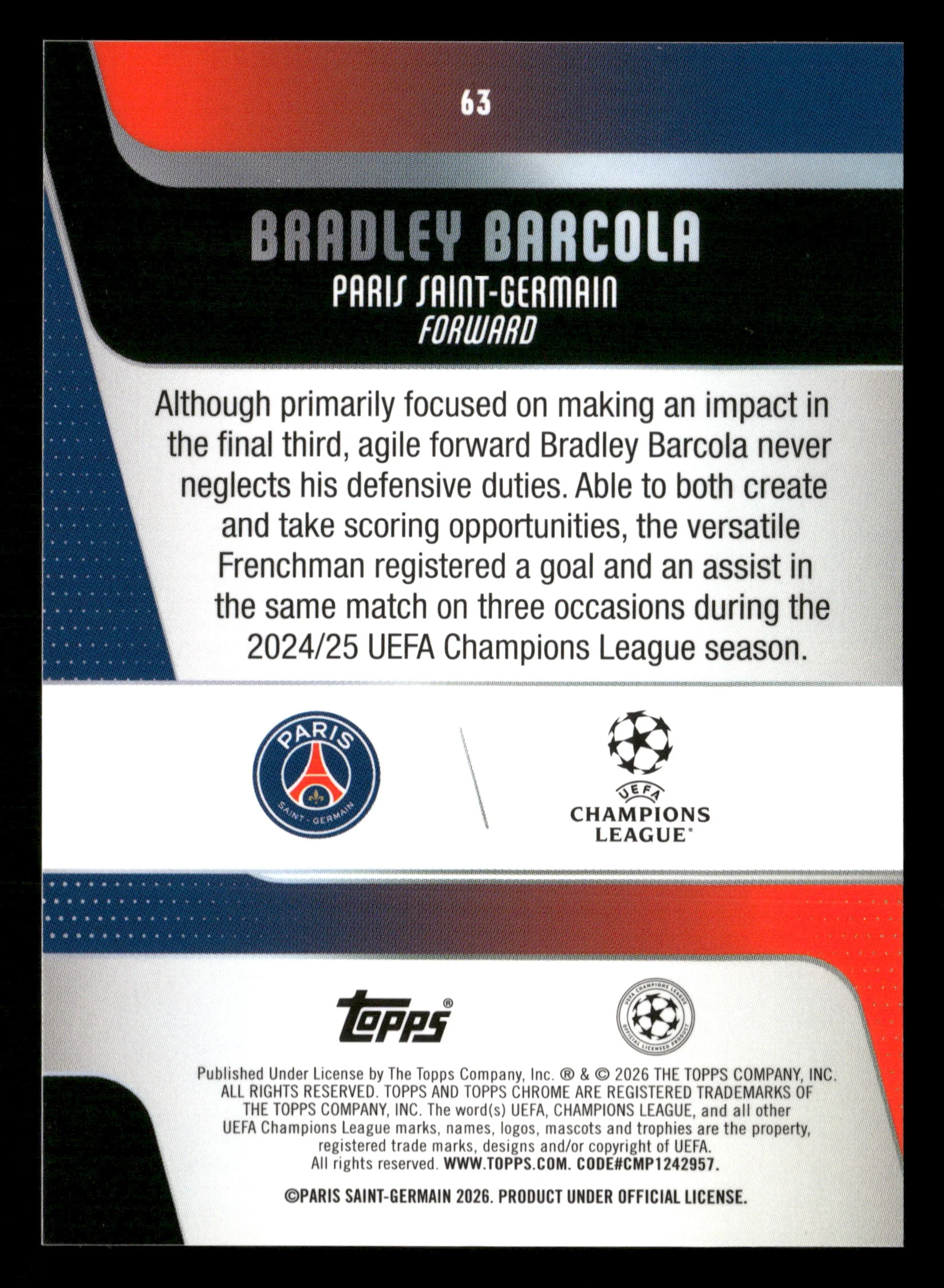 2025-26 Topps UEFA Club Competitions #63 Bradley Barcola Gold Foil #/50 - Image 2