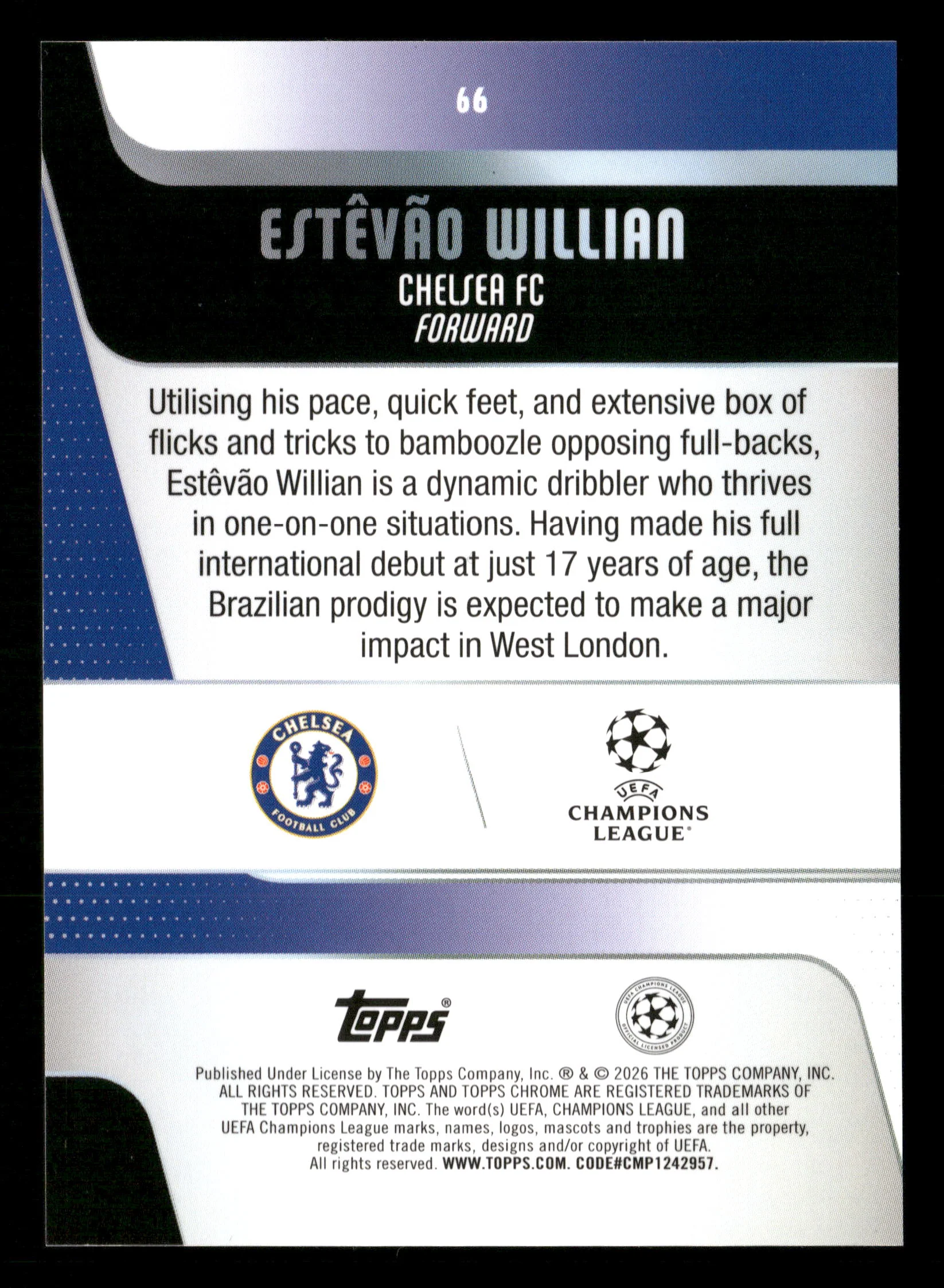2025-26 Topps UEFA Club Competitions #66 Estêvão Willian /99 - Image 2