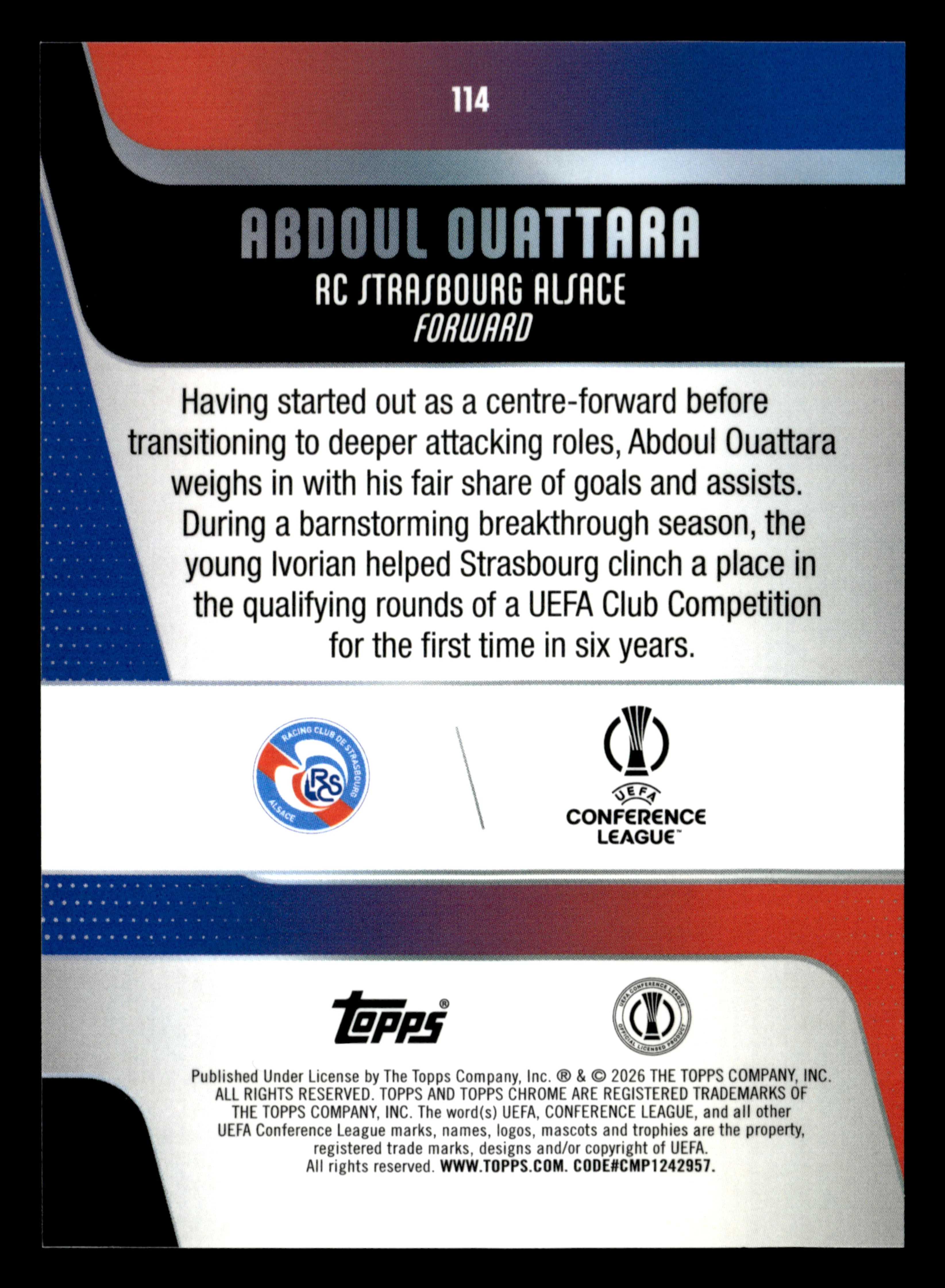 2025-26 Topps UEFA Club Competitions - Blue Foil #114 Abdoul Ouattara #/150 - Image 2