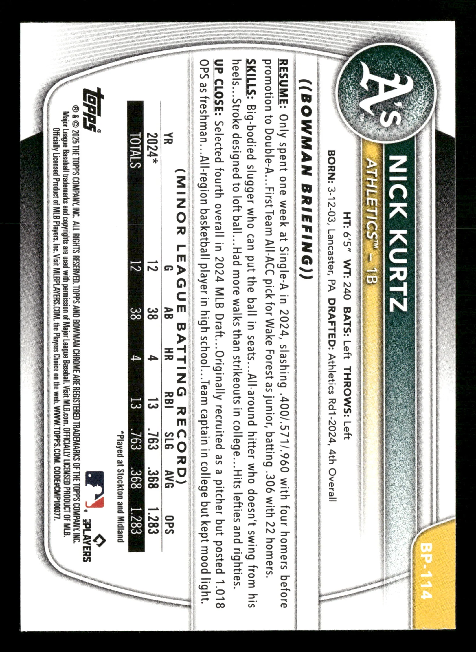 2025 Bowman #BP-114 Nick Kurtz Prospects Neon Green #/399 - Image 2