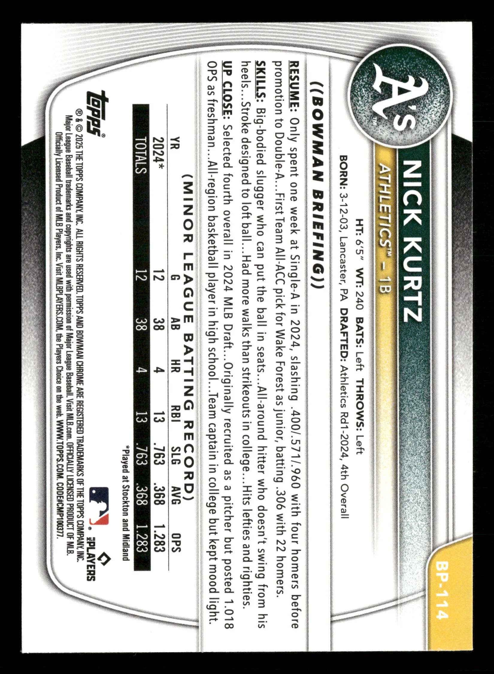 2025 Bowman #BP114 Nick Kurtz Paper Prospects Neon Green /399 - Image 2