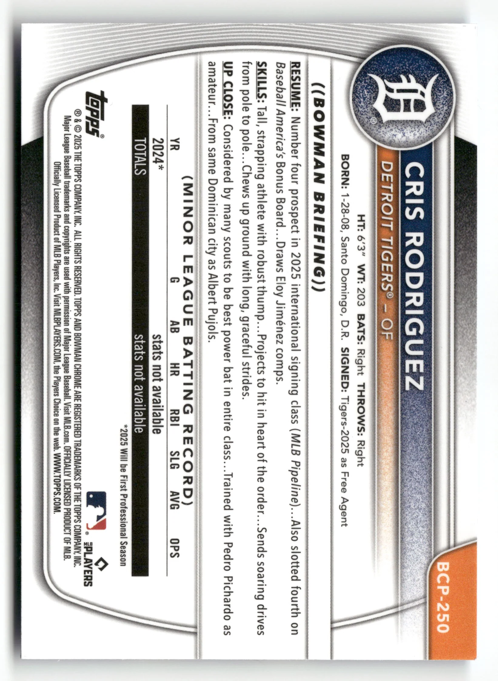2025 Bowman Chrome #BCP-250 Cris Rodriguez Prospects Blue Geometric #/150 - Image 2