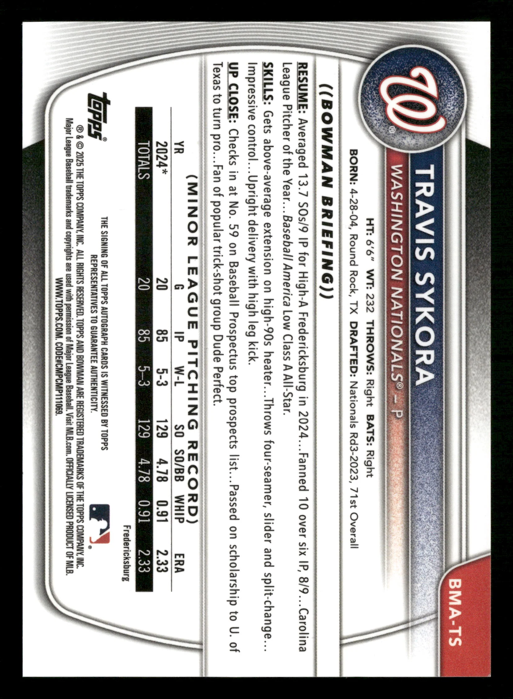 2025 Bowman Chrome #BMA-TS Travis Sykora Prospect Autographs Blue Mojo #/150 - Image 2