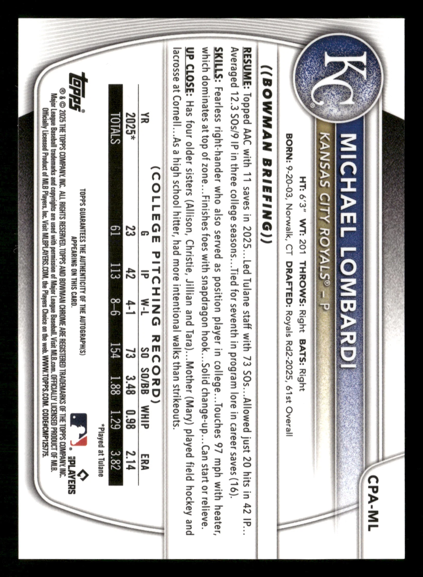 2025 Bowman Chrome Draft #CPA-ML Michael Lombardi  Auto - Image 2