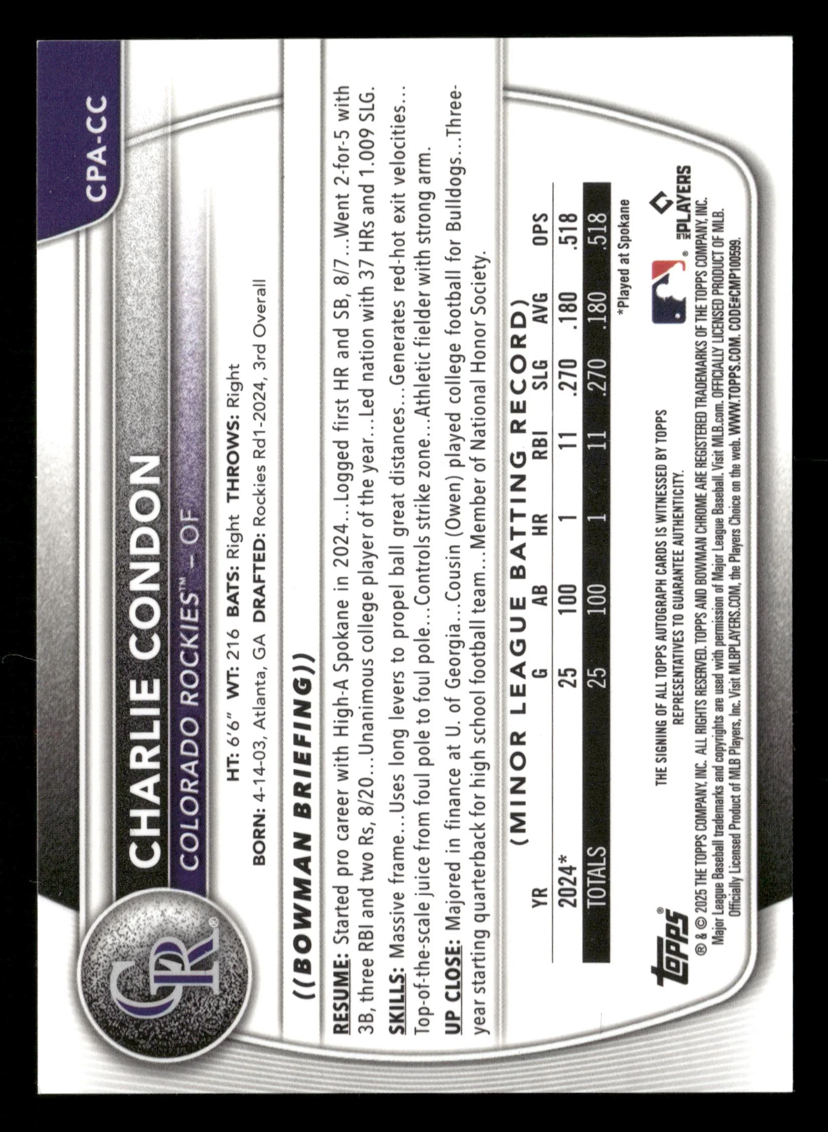 2025 Bowman #CPA-CC Charlie Condon Chrome Prospect Auto Orange Shimmer #/25 - Image 2