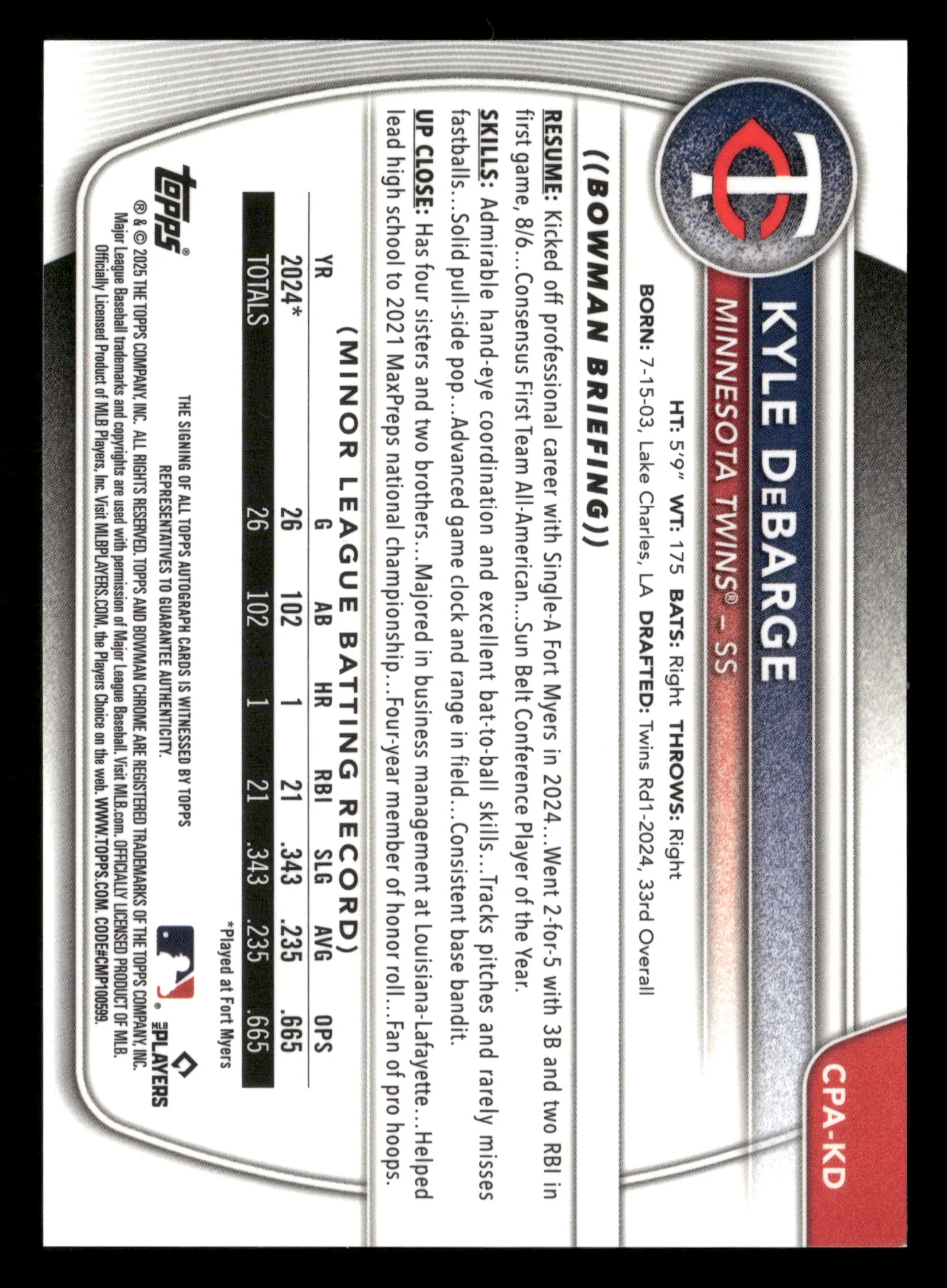 2025 Bowman #CPA-KD Kyle DeBarge Chrome Prospect Auto Speckle Refractor #/299 - Image 2