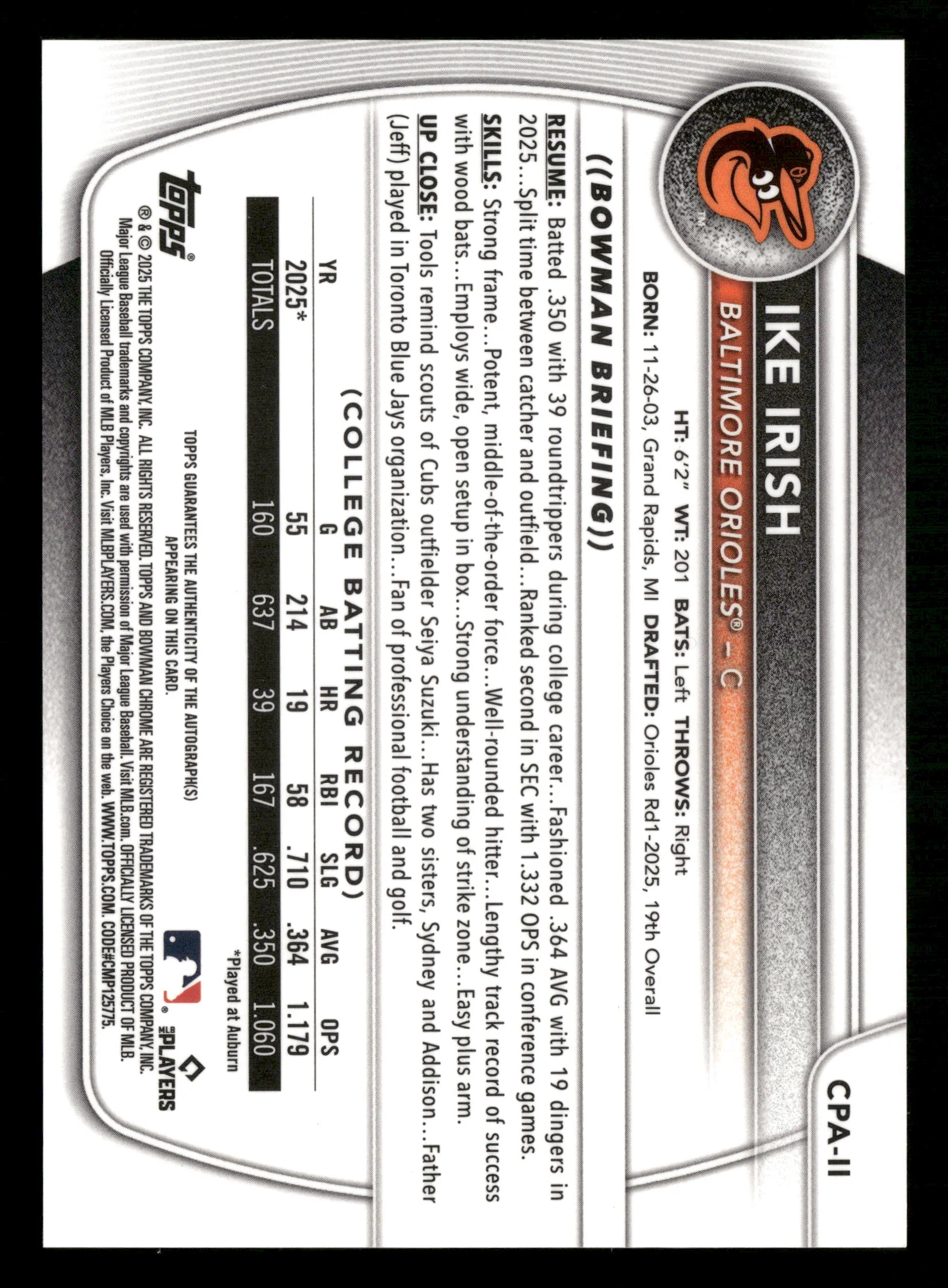 2025 Bowman Draft #CPA-II Ike Irish Chrome Prospect Autographs - Image 2
