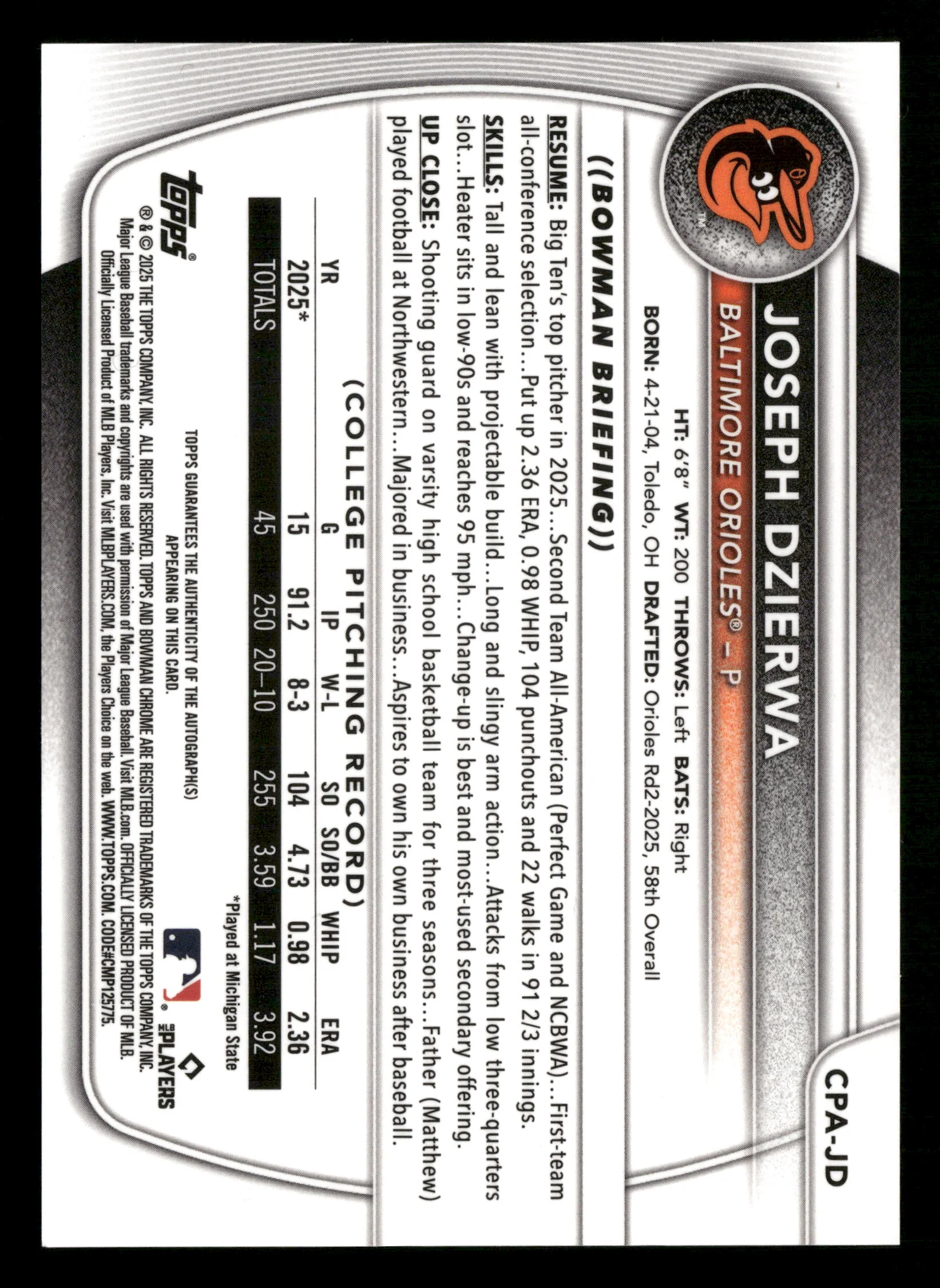 2025 Bowman Draft #CPA-JD Joseph Dzierwa Chrome Prospect Autographs - Image 2