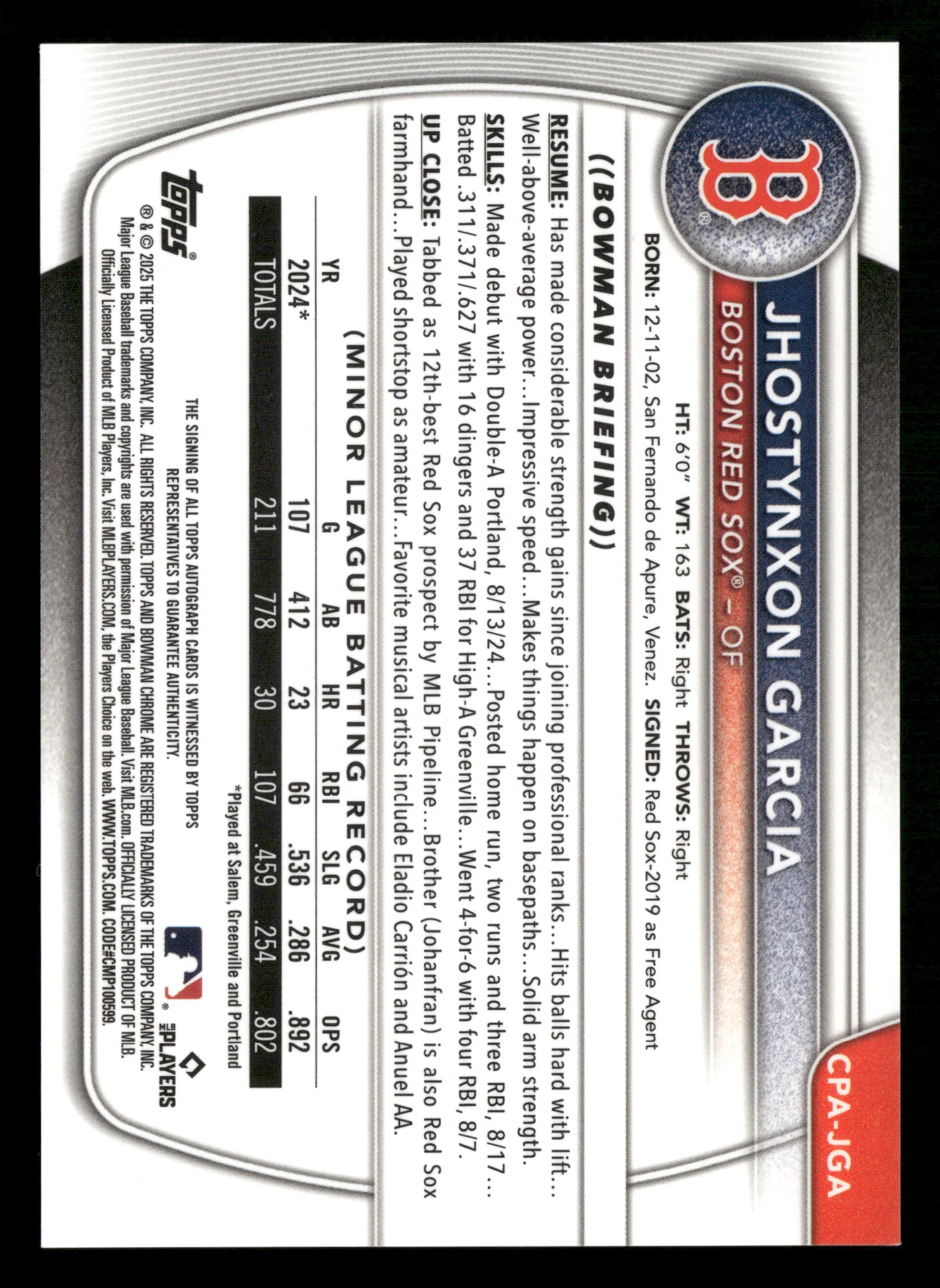 2025 Bowman Jhostynxon Garcia Chrome Prospect Auto Mini Diamond Refractor #/100 - Image 2