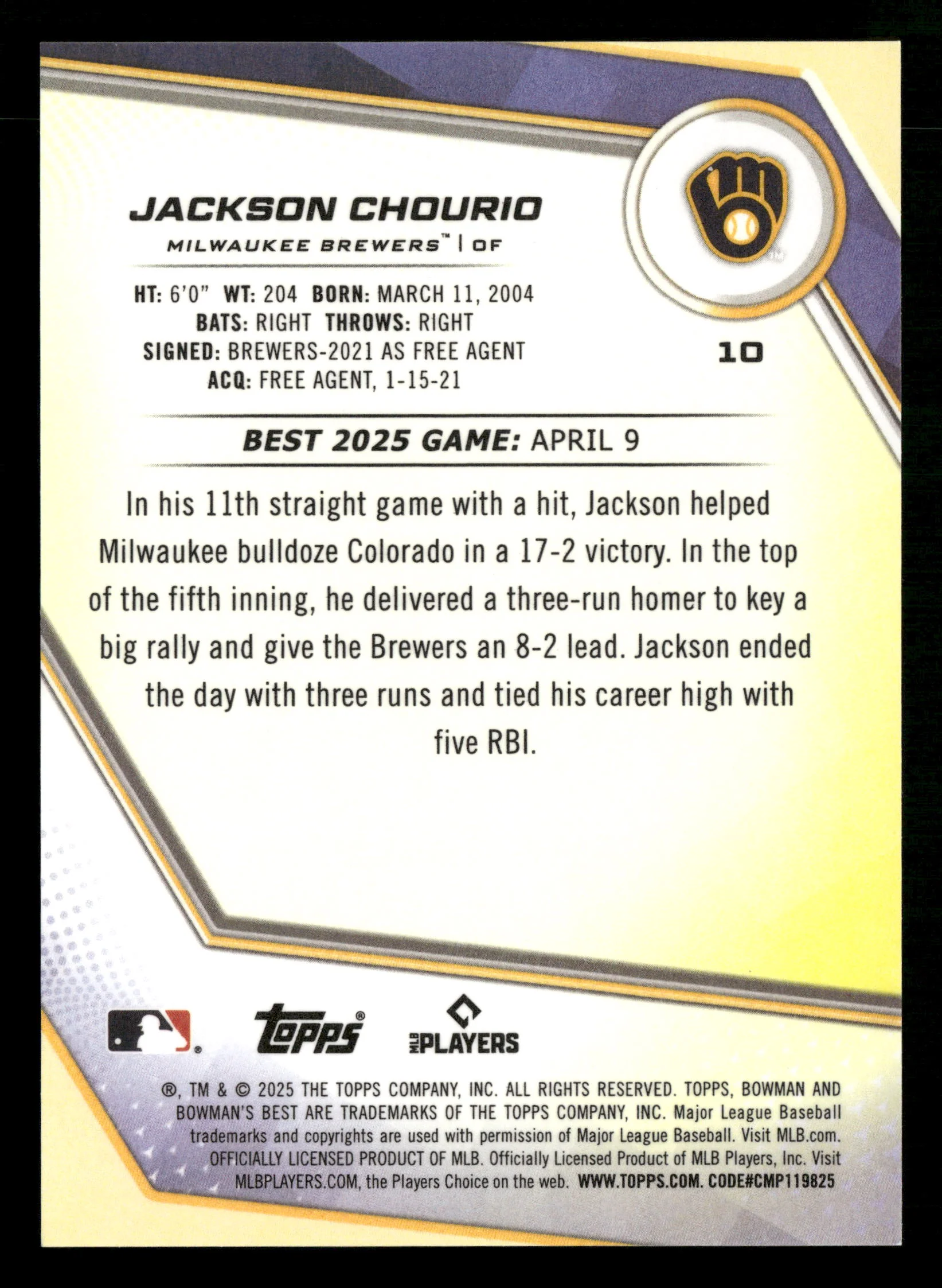 2025 Bowman's Best #10 Jackson Chourio Yellow Lazer Refractors #/75 - Image 2
