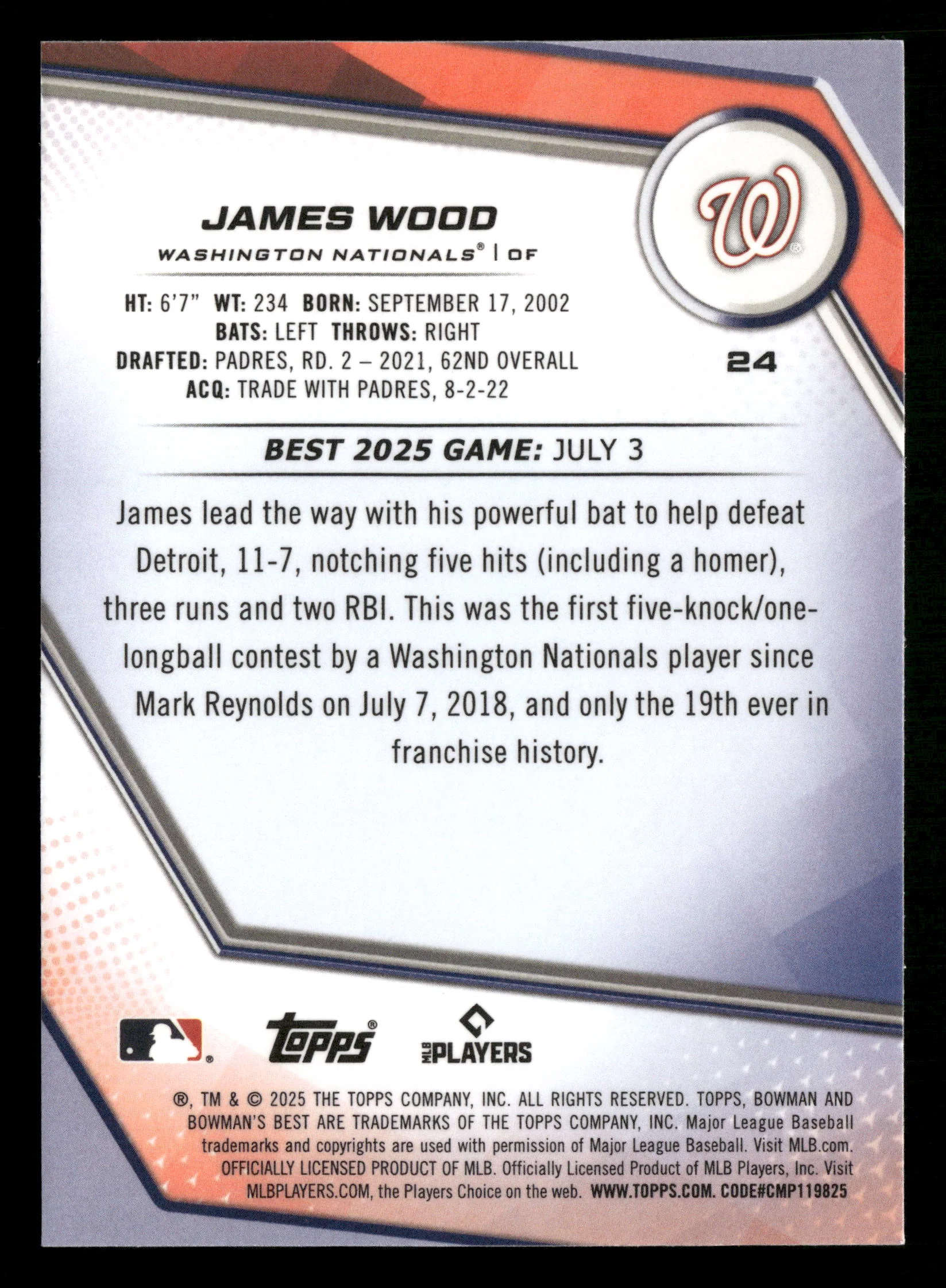 2025 Bowman's Best #24 James Wood Blue Lazer Refractors #/150 - Image 2