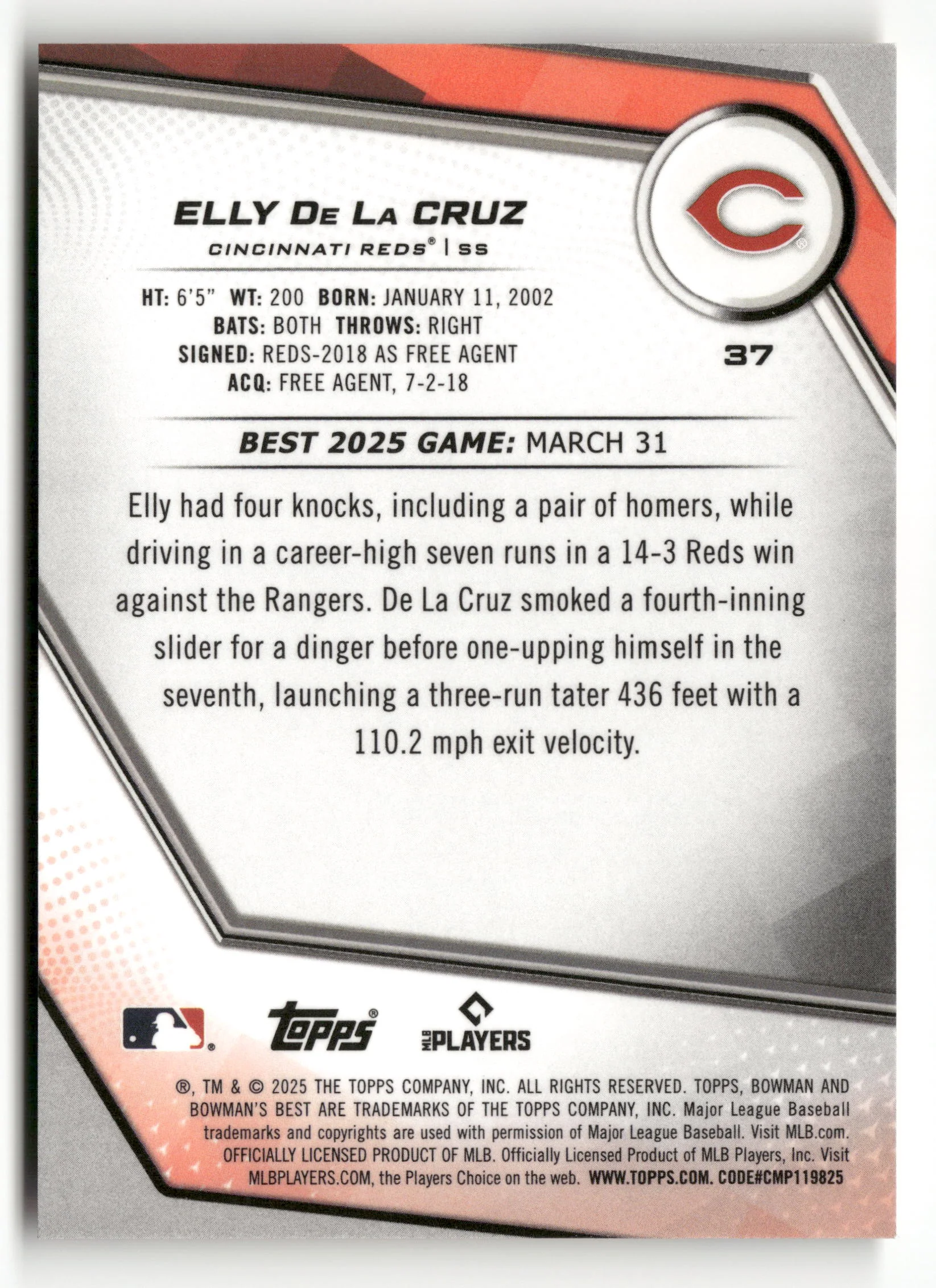 2025 Bowman's Best #37 Elly De La Cruz Gold Refractors #/50 - Image 2