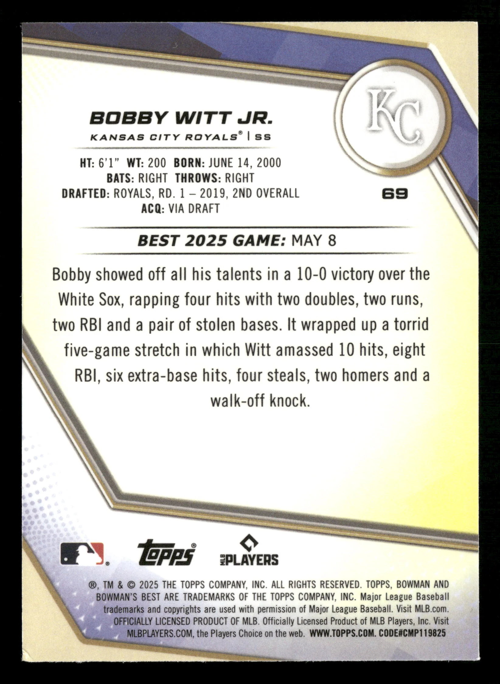 2025 Bowman's Best #69 Bobby Witt Jr. Green Mini-Diamond Refractors #/99 - Image 2