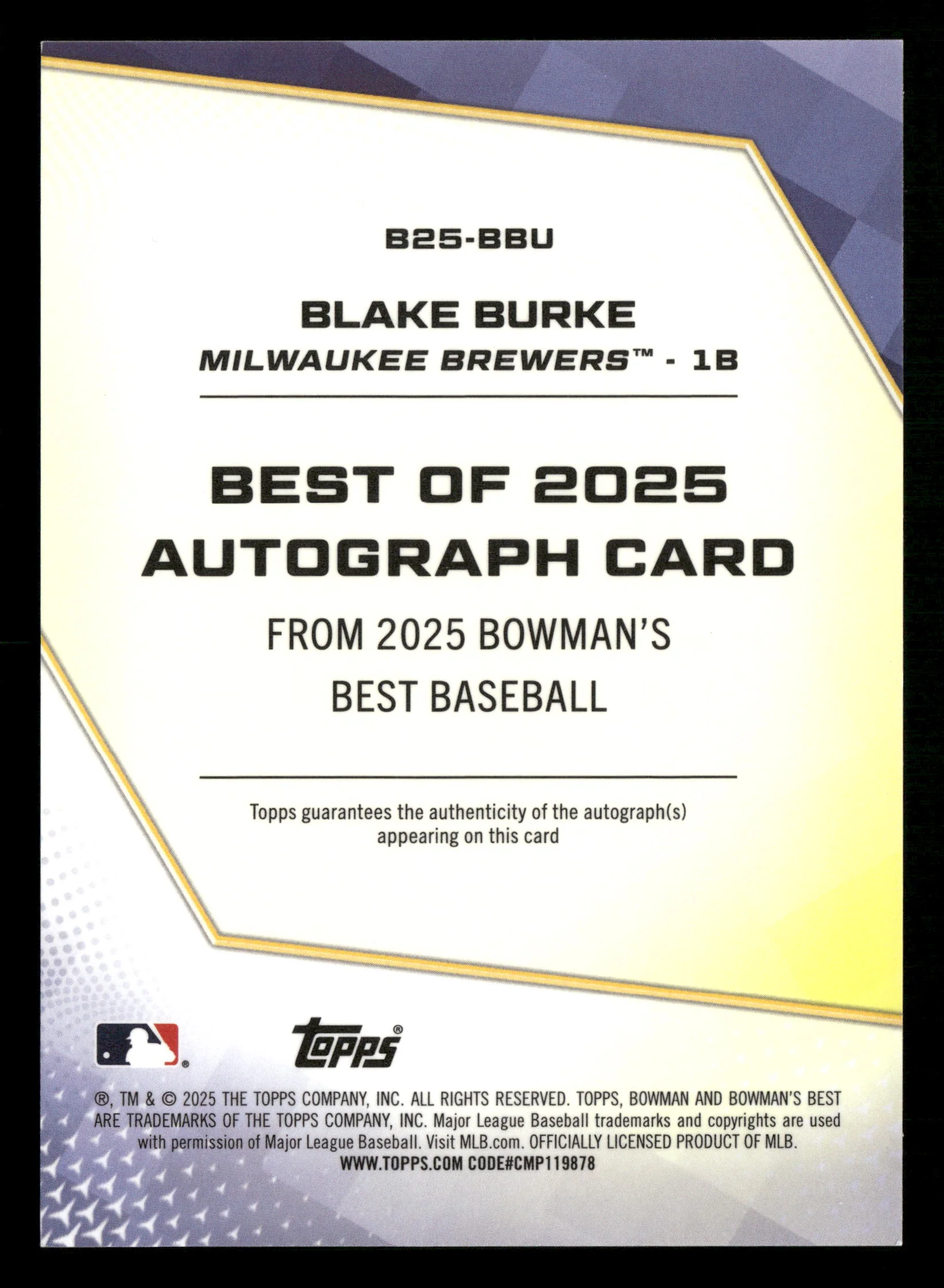 2025 Bowman's Best #B25-BBU Blake Burke Best of 2025 Auto Purple Refractor #/75 - Image 2