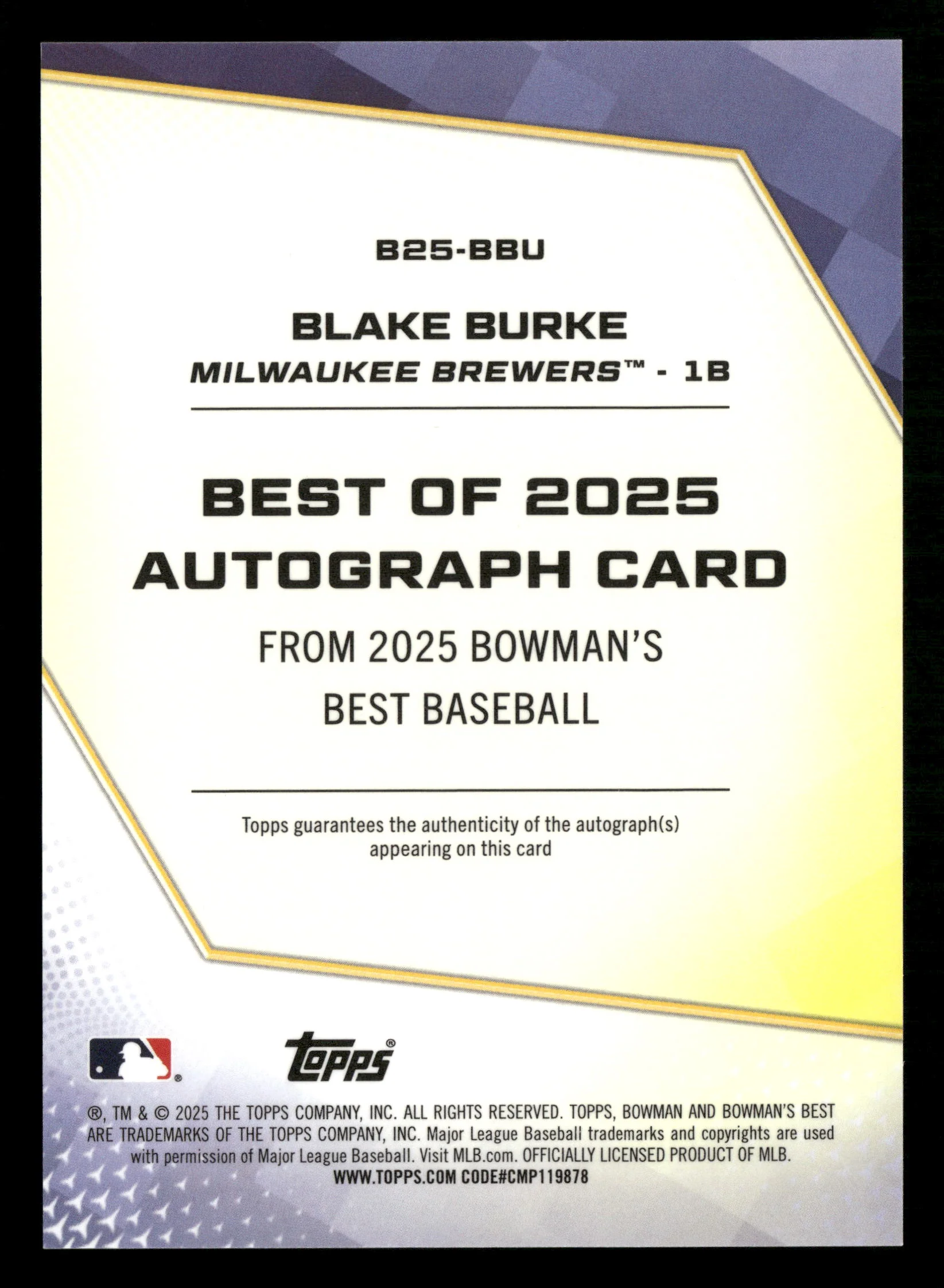2025 Bowman's Best #B25-BBU Blake Burke Best of 2025 Autographs - Image 2