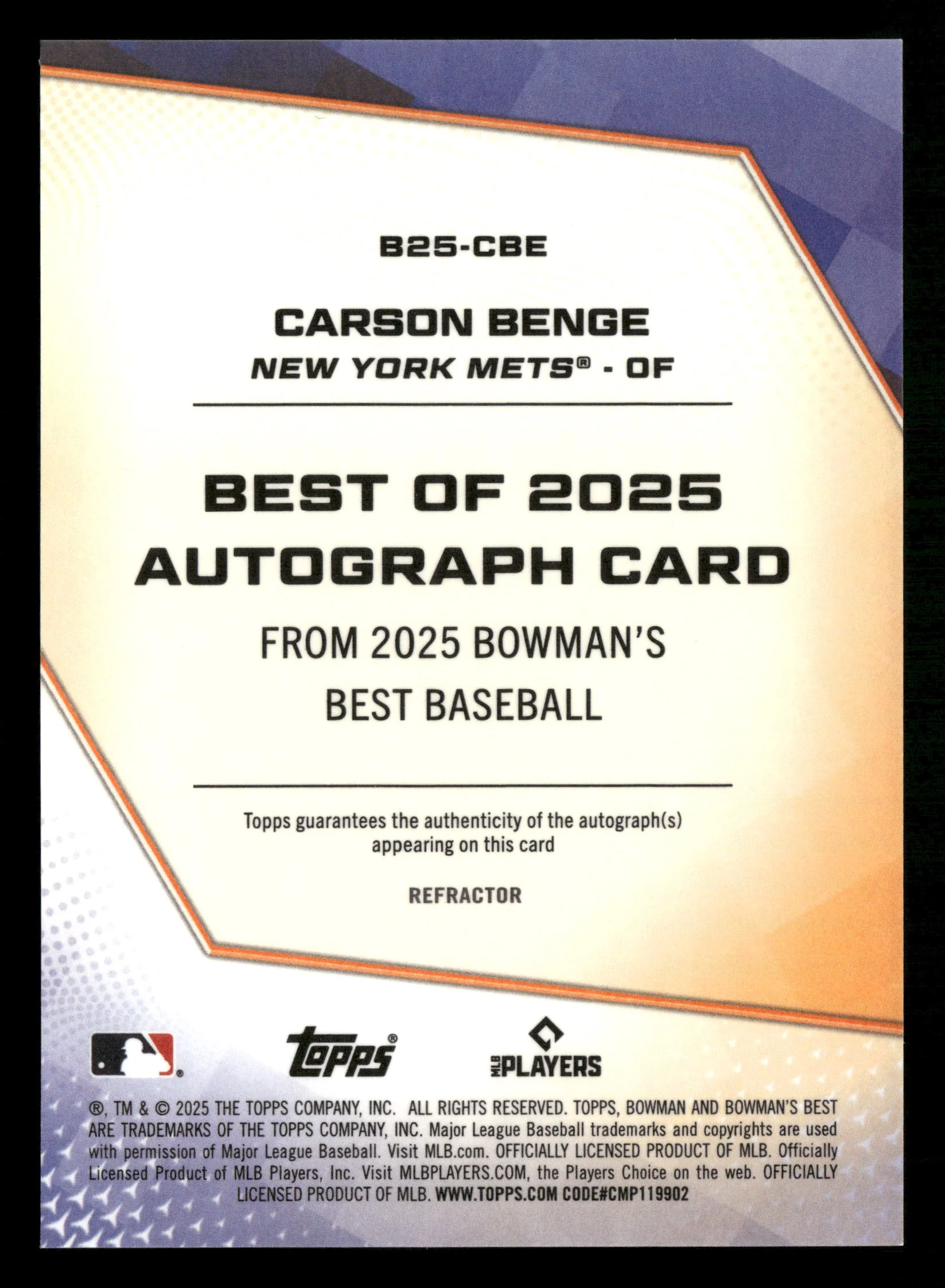 2025 Bowman's Best #B25-CBE Carson Benge Best of 2025 Autographs Refractors - Image 2