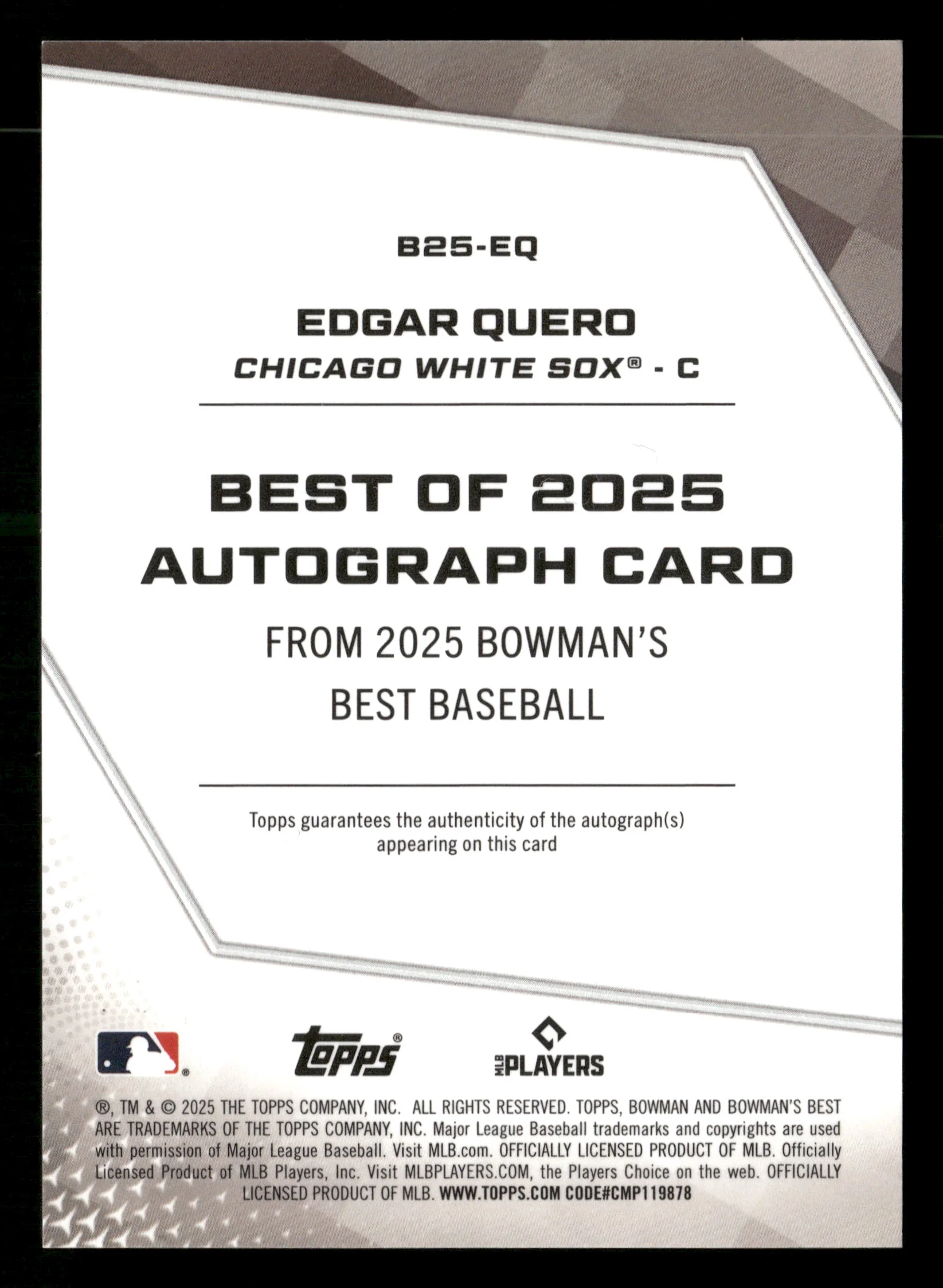 2025 Bowman's Best #B25-EQ Edgar Quero Best of 2025 Orange Refractor Auto #/25 - Image 2