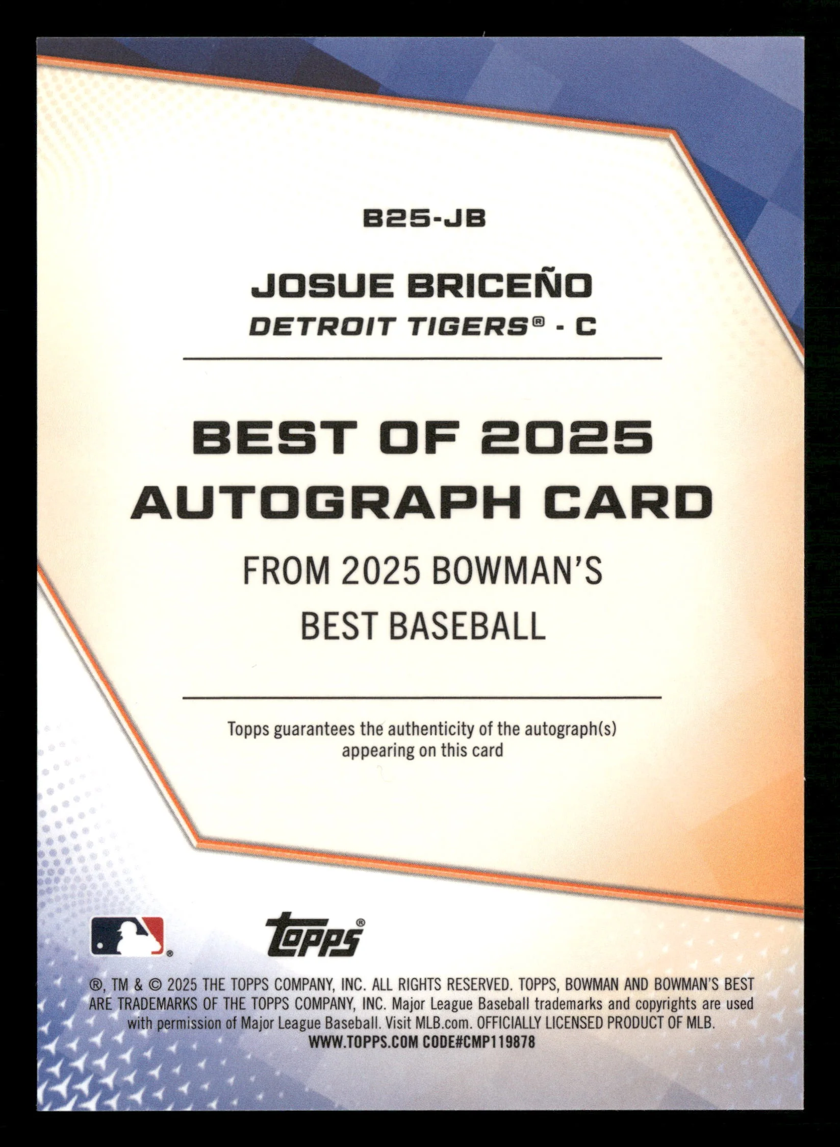 2025 Bowman's Best #B25-JB Josue Briceño Best of 2025 Auto Blue Refractor #/150 - Image 2