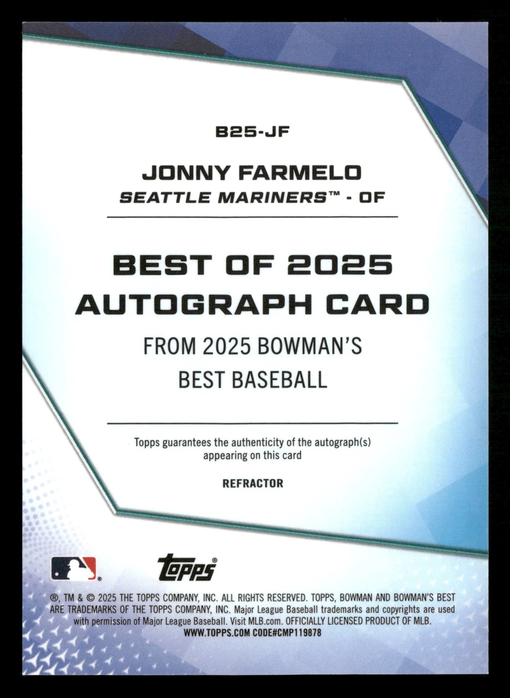 2025 Bowman's Best #B25-JF Jonny Farmelo Best of 2025 Autographs Refractors - Image 2