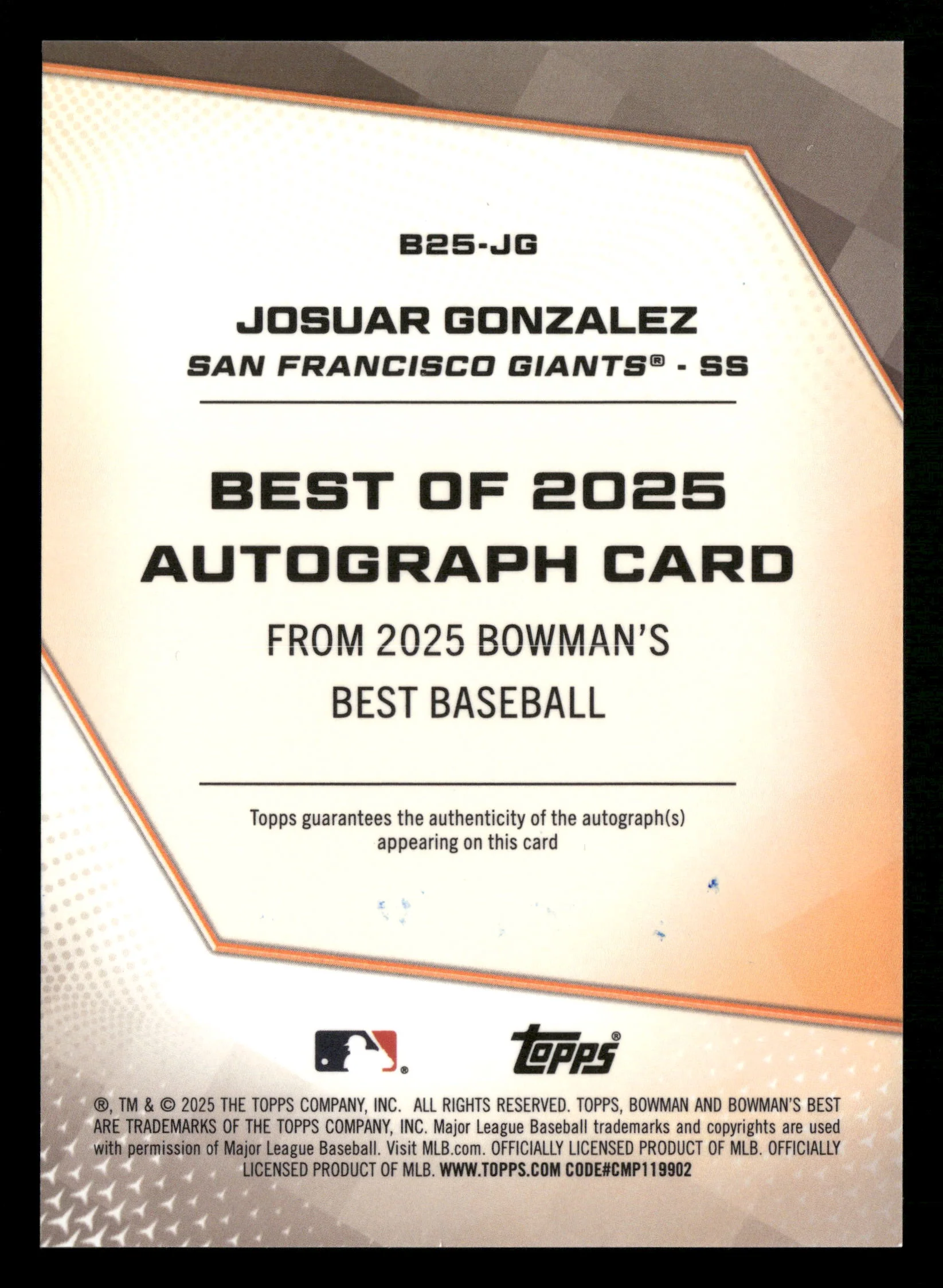 2025 Bowman's Best #B25-JG Josuar Gonzalez Best of 2025 Autographs - Image 2