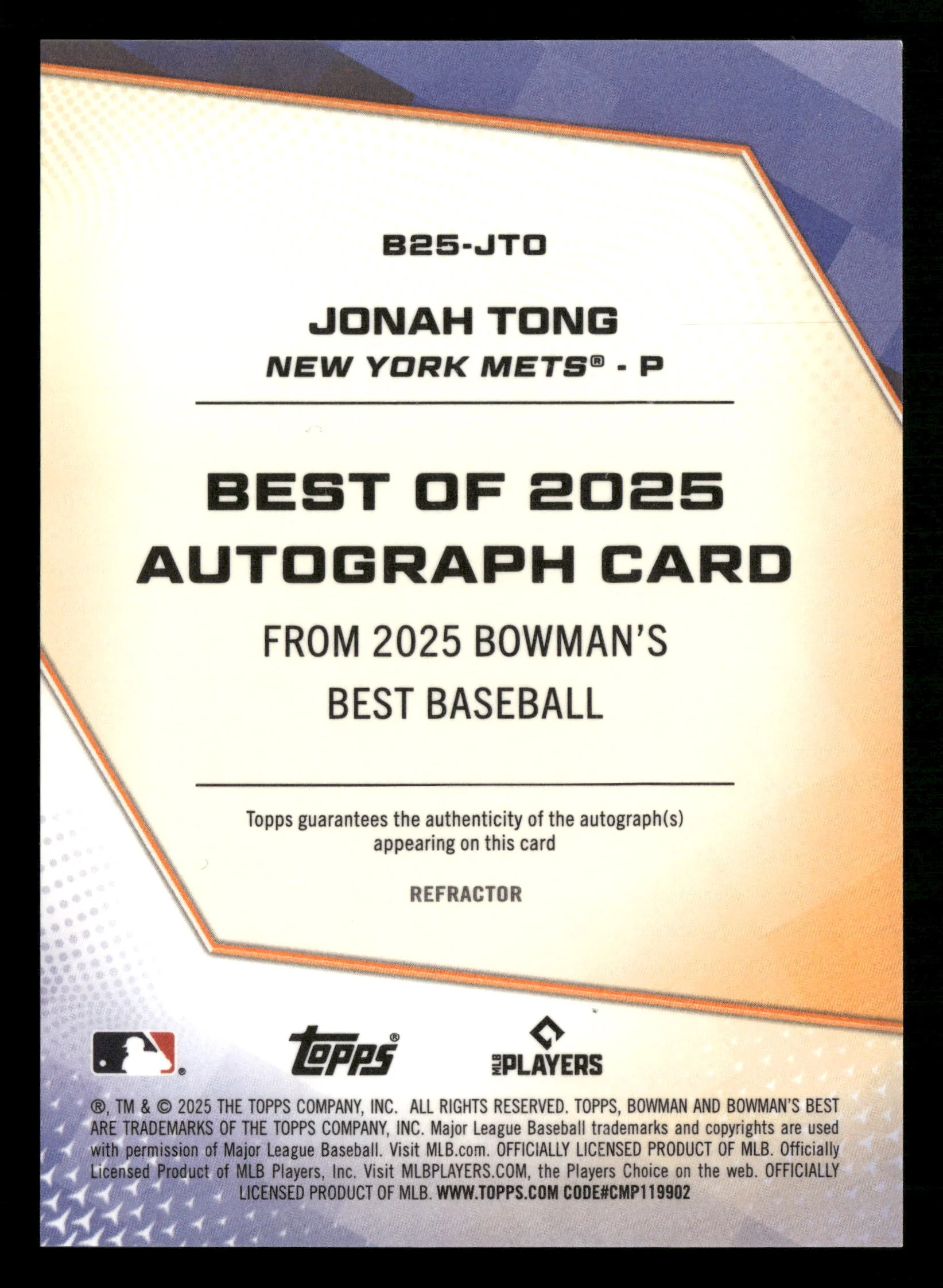 2025 Bowman's Best #B25-JTO Jonah Tong Best of 2025 Autographs Refractors - Image 2