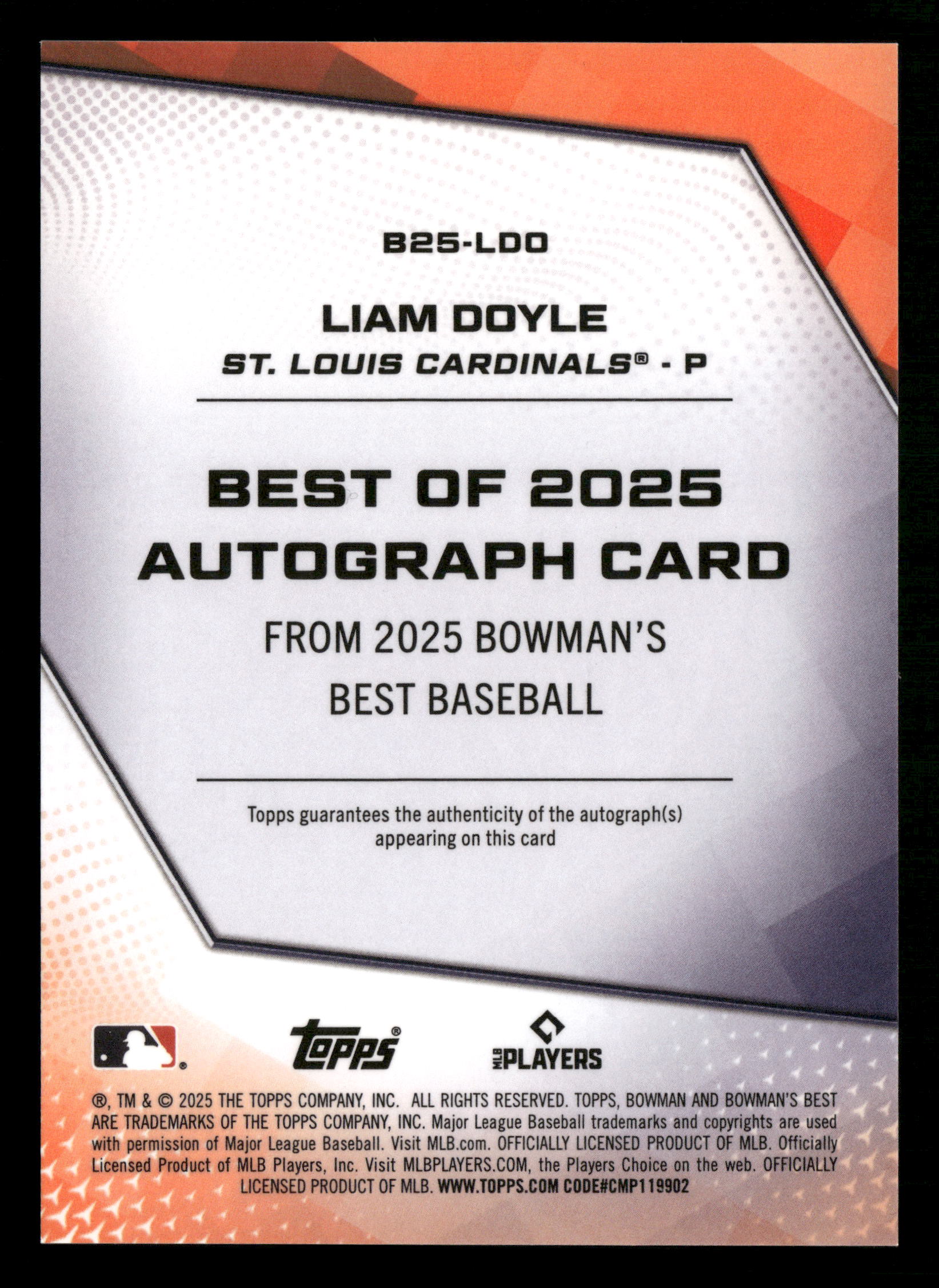 2025 Bowman's Best #B25-LDO Liam Doyle Best of 2025 Auto Blue Refractor #/150 - Image 2