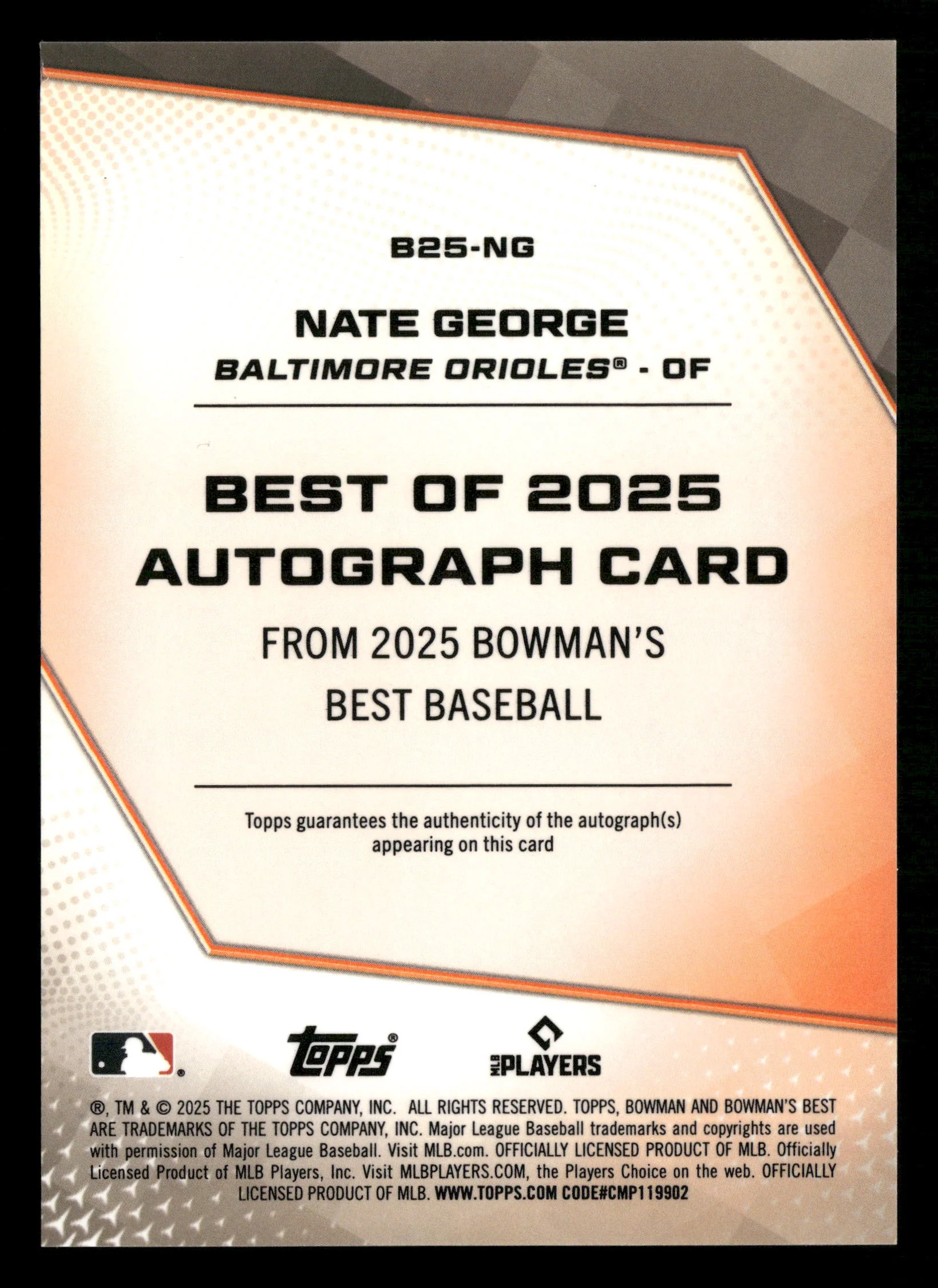 2025 Bowman's Best #B25-NG Nate George Best of 2025 Autographs - Image 2