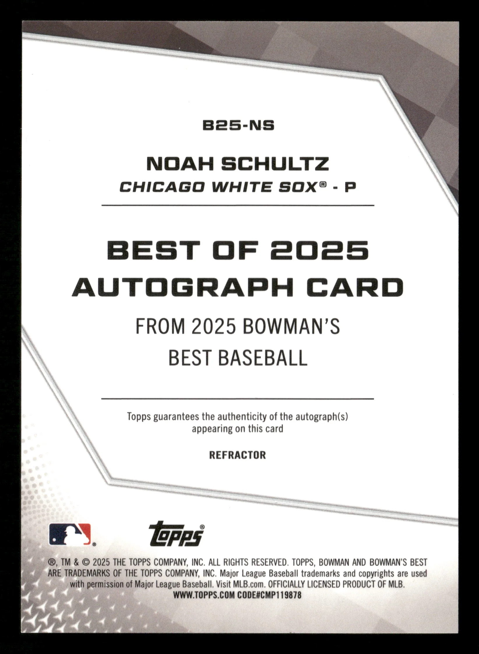 2025 Bowman's Best #B25-NS Noah Schultz Best of 2025 Autographs Refractors - Image 2