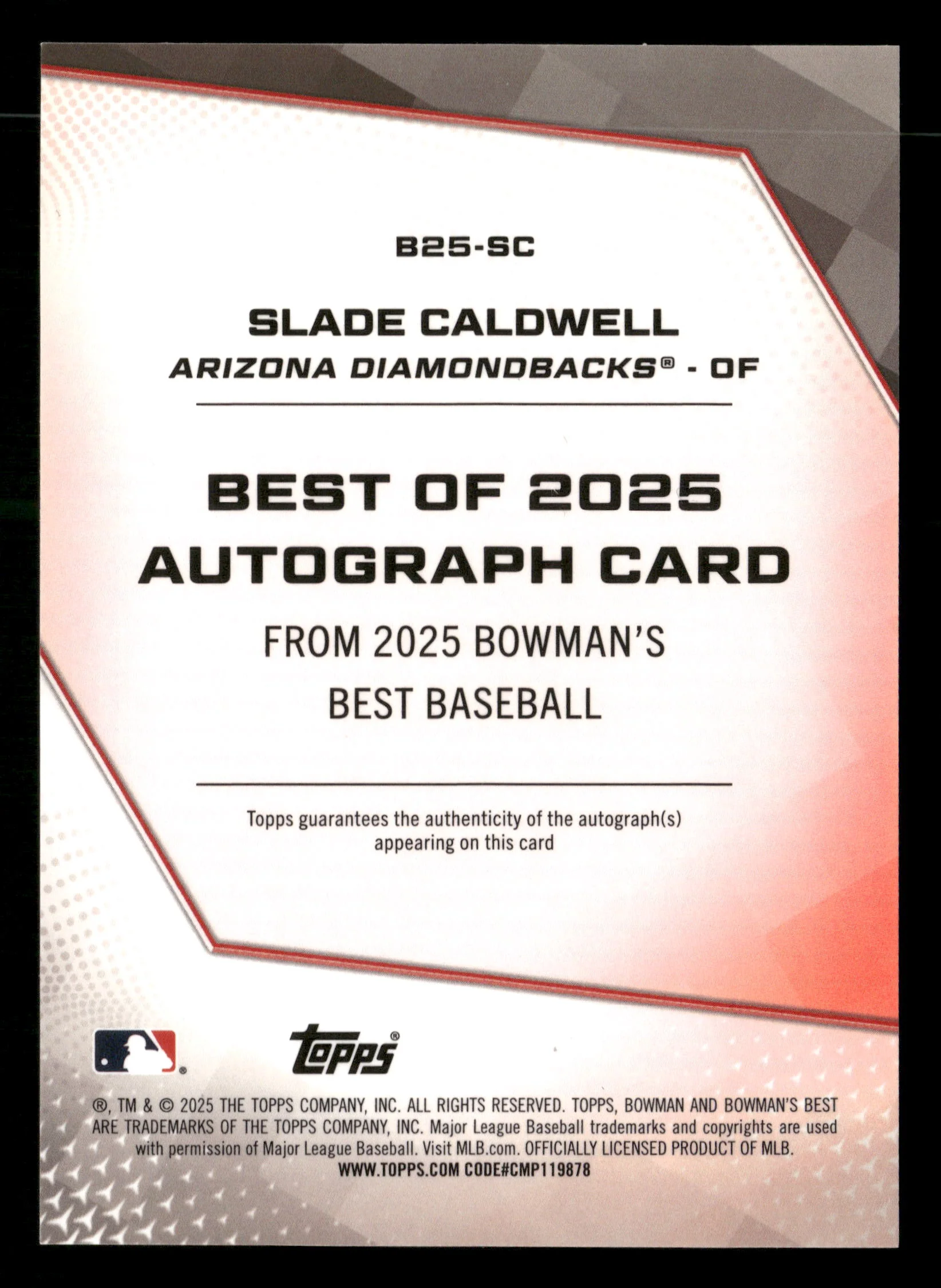2025 Bowman's Best #B25-SC Slade Caldwell Best of 2025 Gold Refractor Auto #/50 - Image 2