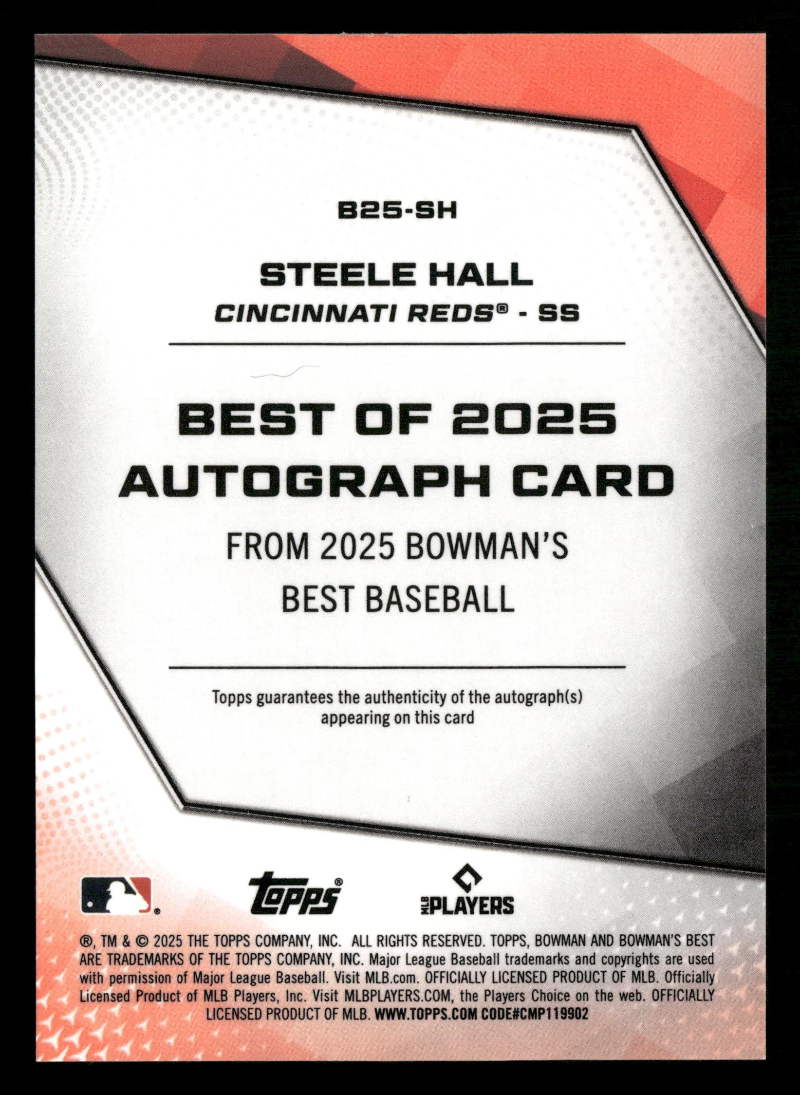 2025 Bowman's Best #B25-SH Steele Hall Best of 2025 Autographs - Image 2