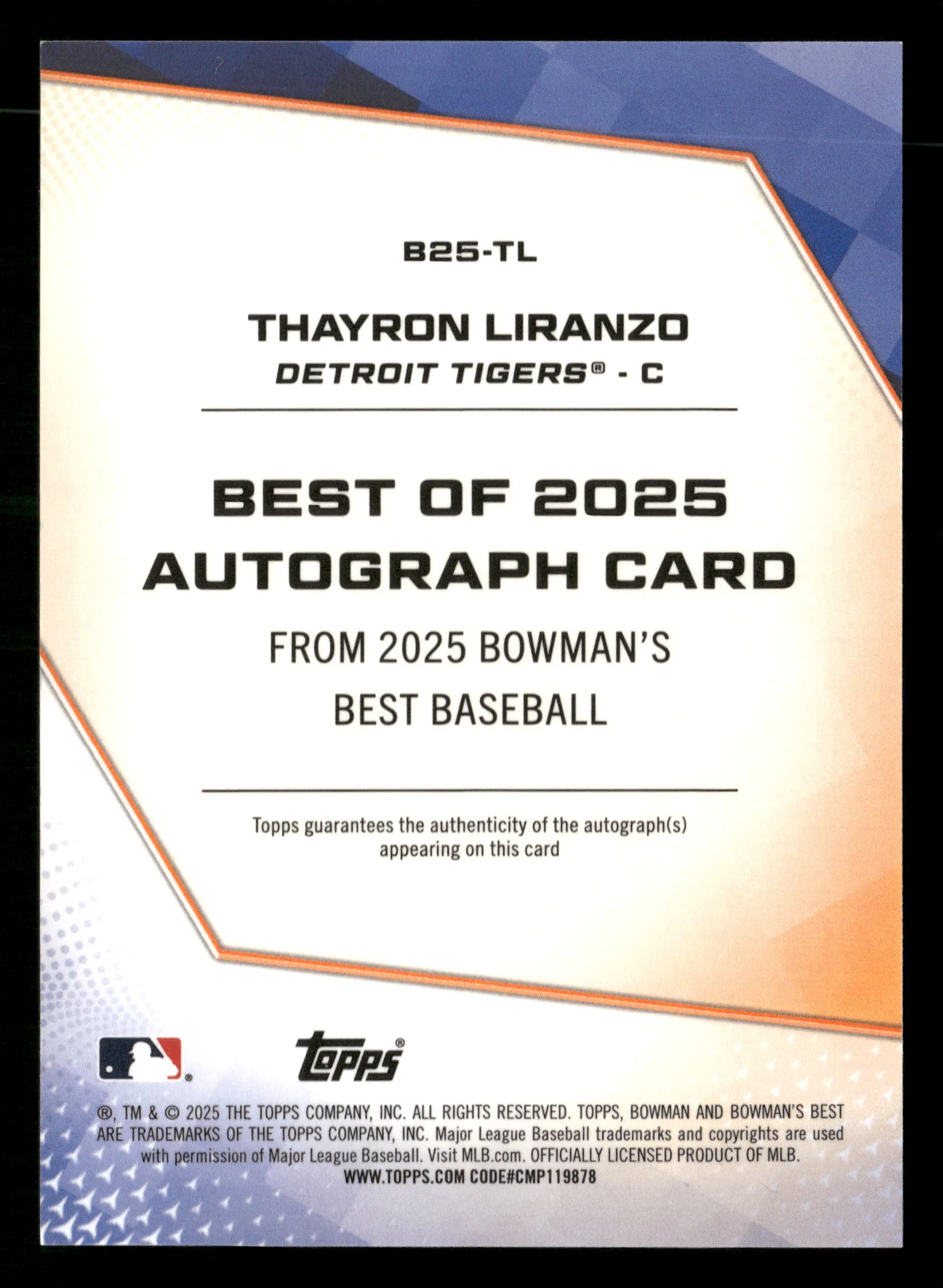2025 Bowman's Best #B25-TL Thayron Liranzo Best of 2025 Auto Orange #/25 - Image 2